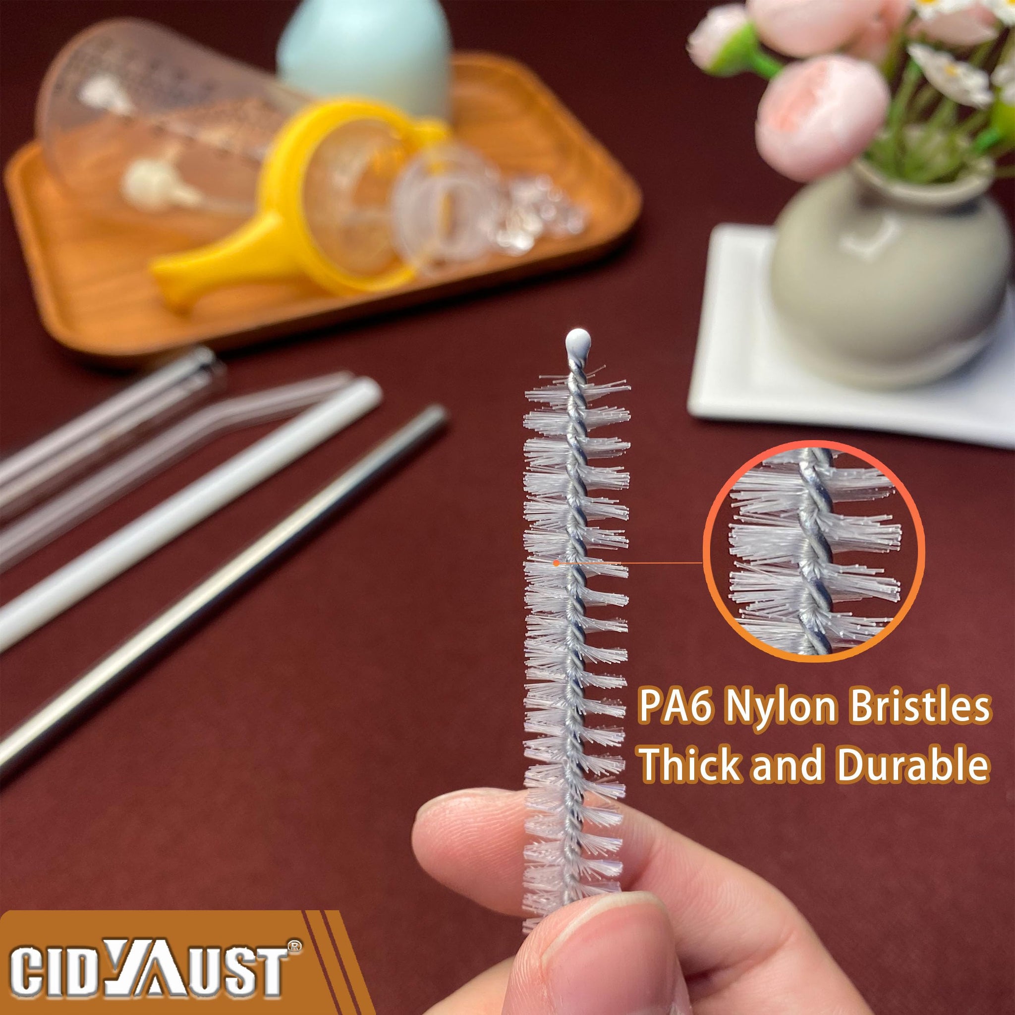 CIDYAUST Straw Cleaner Brush Extend 10-Inch, Straw Brush with PA6 Nylon Bristles and Flexible Wire for Baby Bottles, Sippy Cups, Reusable Straws