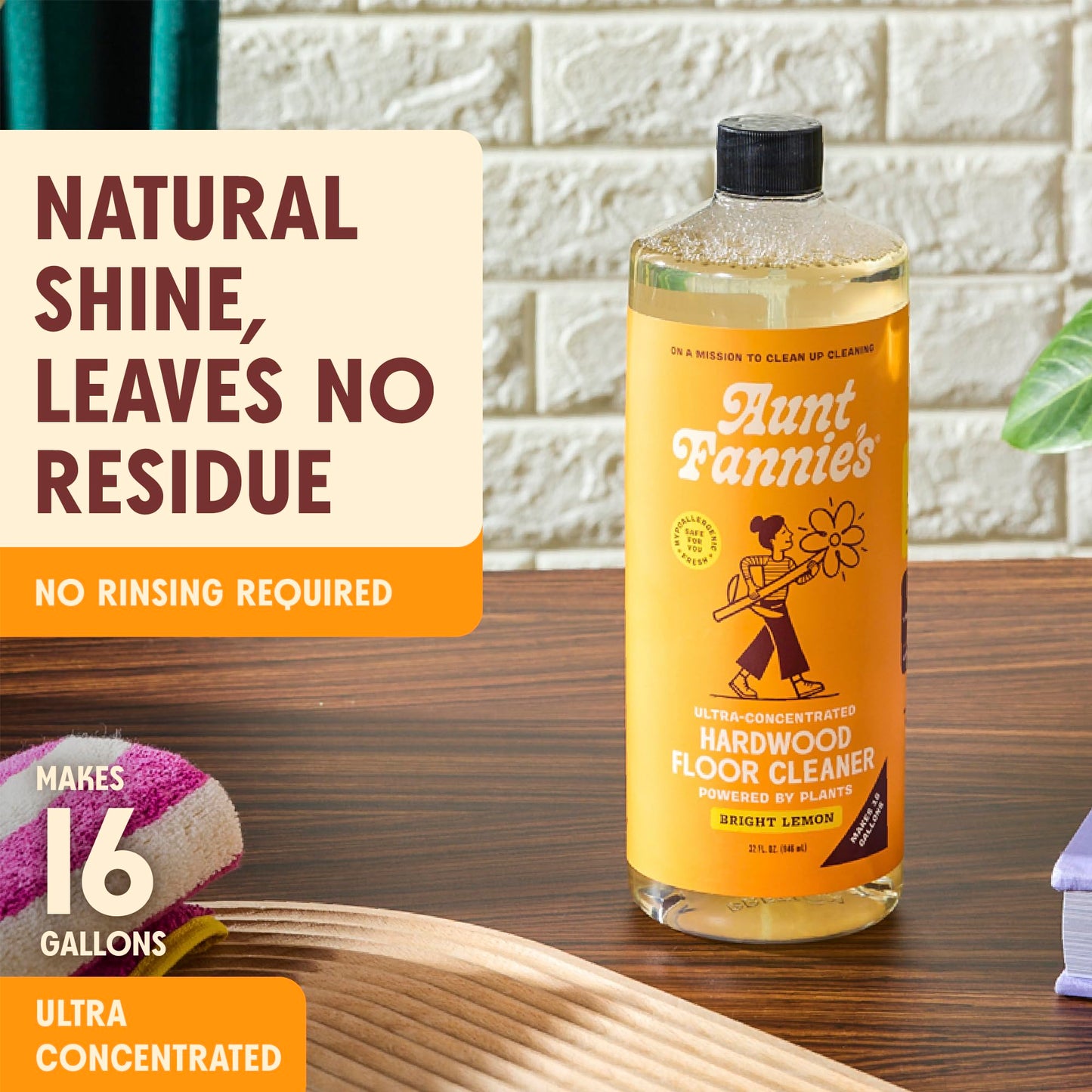 Aunt Fannie's Ultra Concentrated Hardwood Floor Cleaner, Vinegar-Free Plant Based Hardwood Floor Cleaner for Mopping, Bright Lemon Scent, 32 oz. (Pack