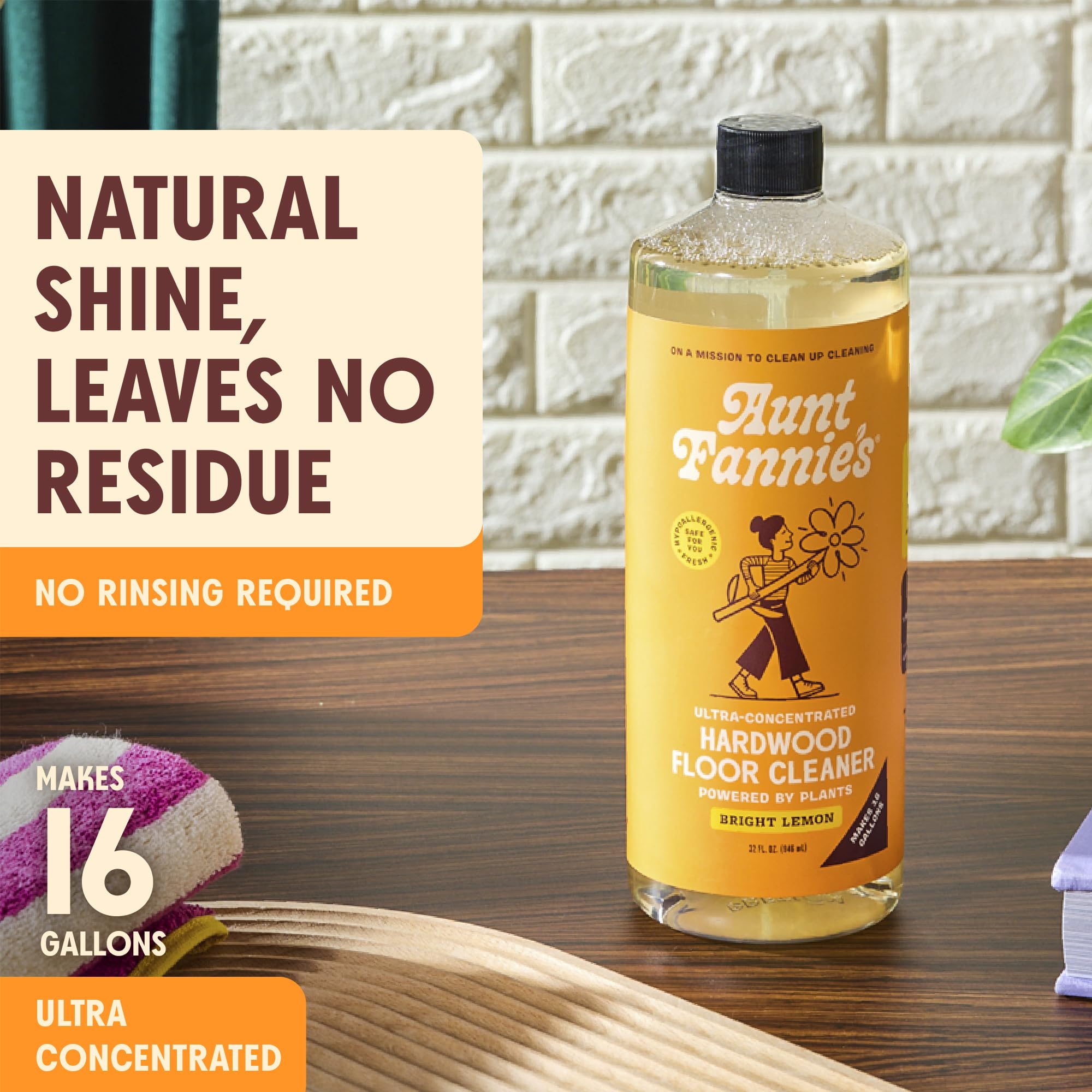 Aunt Fannie's Ultra Concentrated Hardwood Floor Cleaner, Vinegar-Free Plant Based Hardwood Floor Cleaner for Mopping, Bright Lemon Scent, 32 oz. (Pack