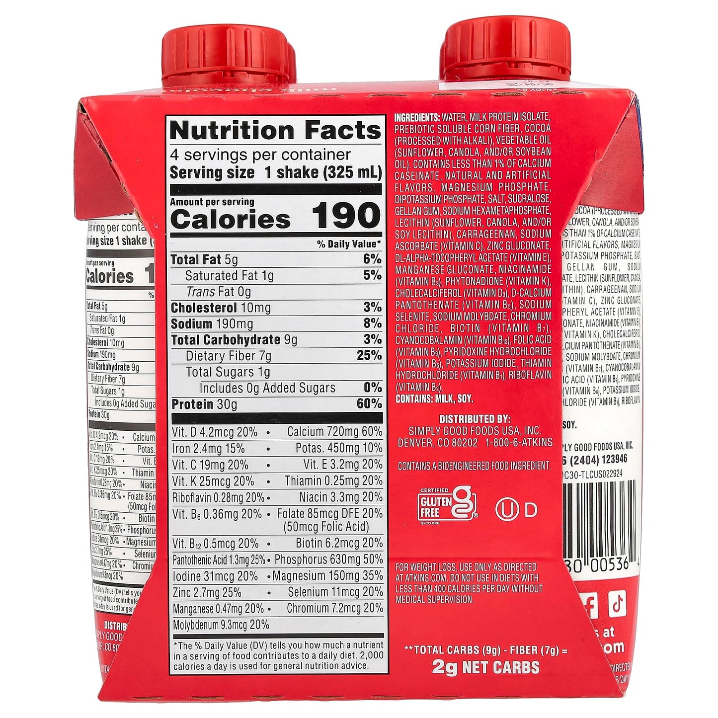 Atkins Strong High Protein Shake, Milk Chocolate, 30g Protein, 7g Prebiotic Fiber, Muscle & Gut Health Support Complex, 4 Count