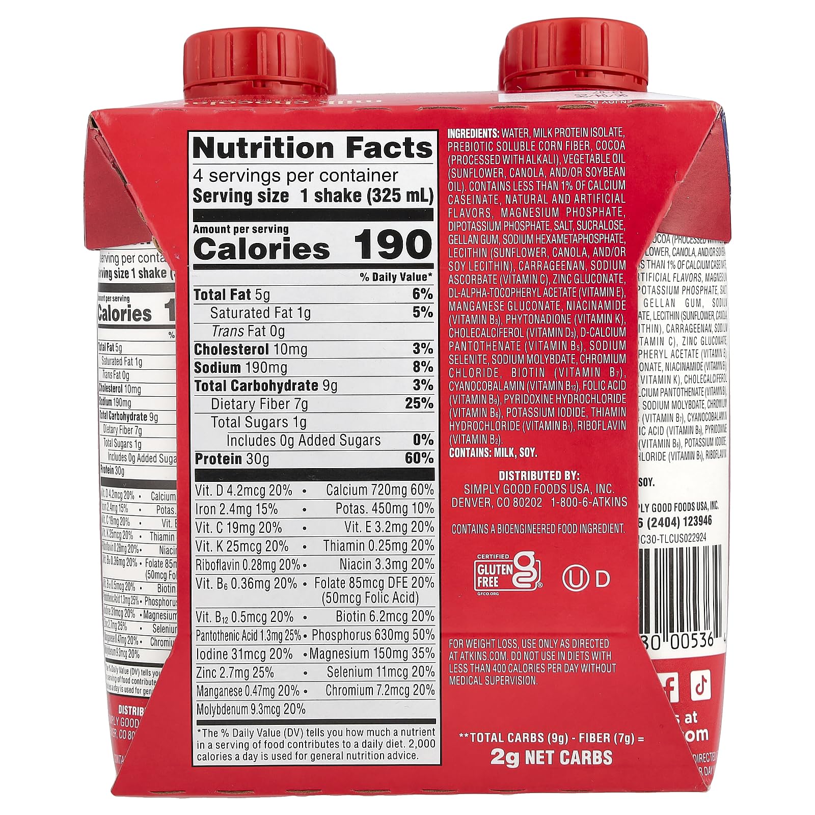 Atkins Strong High Protein Shake, Milk Chocolate, 30g Protein, 7g Prebiotic Fiber, Muscle & Gut Health Support Complex, 4 Count