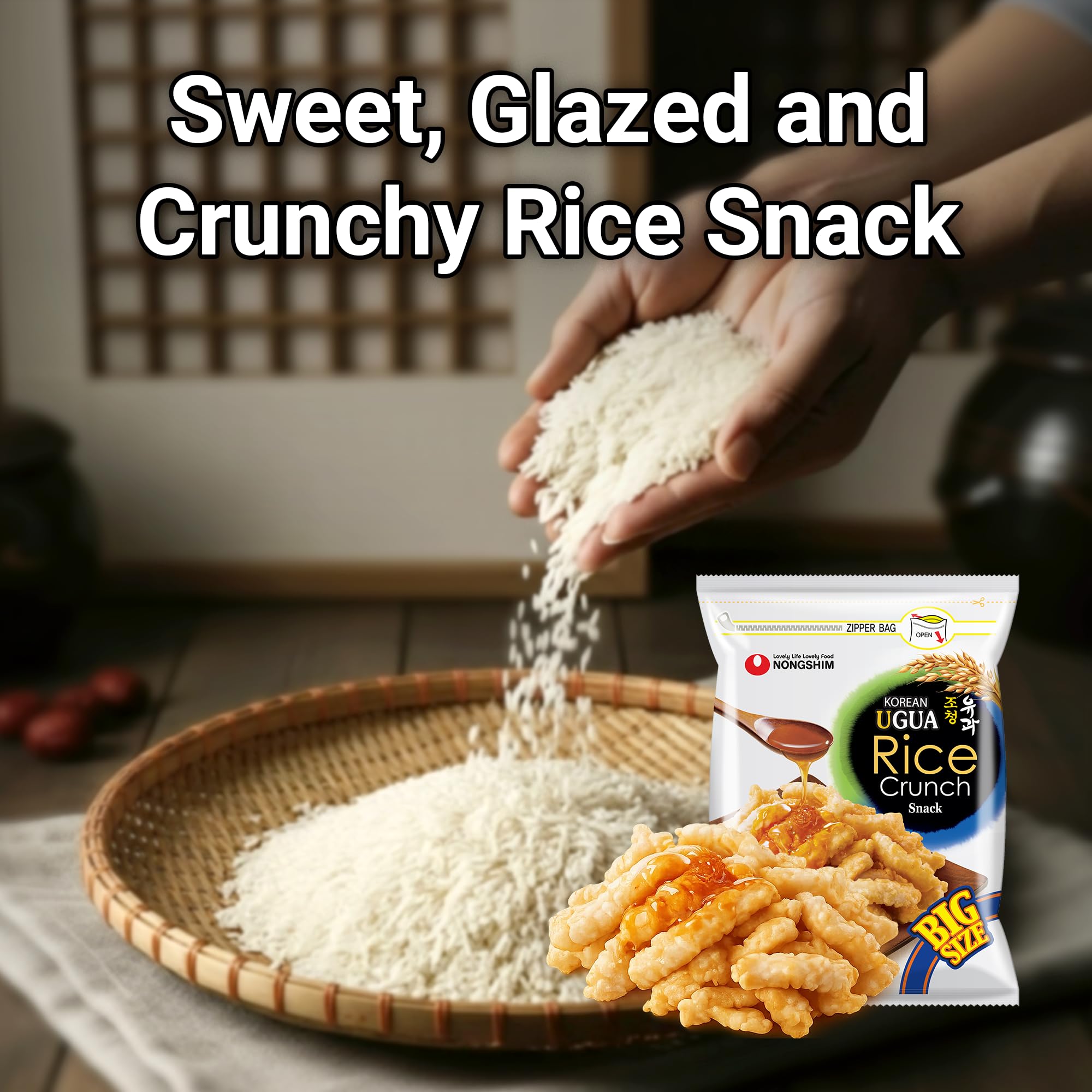Nongshim Korean Ugua Rice Crunch Snack, Sweet Rice Crisps, Brown Rice Syrup, Glazed and Crunchy, Korean’s Favorite Rice Snack, Big Size Bag, Tasty