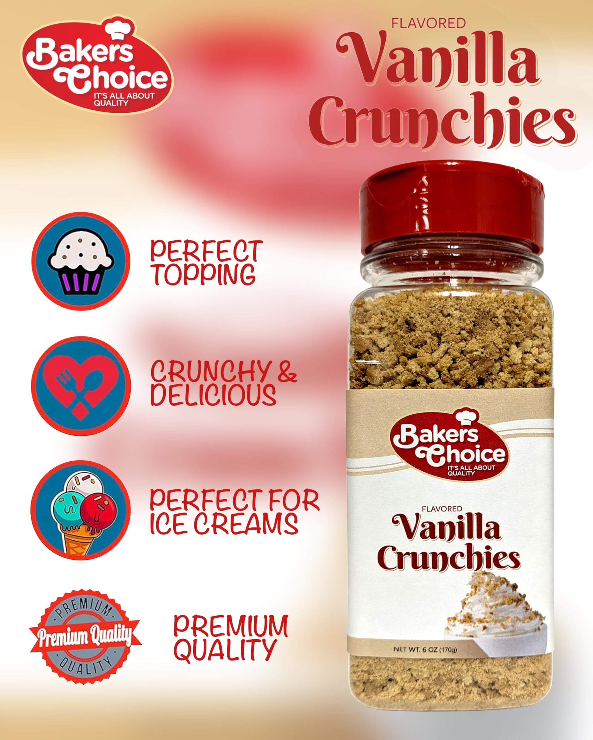 Vanilla Crunch Topping - Crunchy Vanilla Sprinkles for Ice Cream Sundae Toppings - 6 Ounce Dairy Free, Kosher Bakers Choice