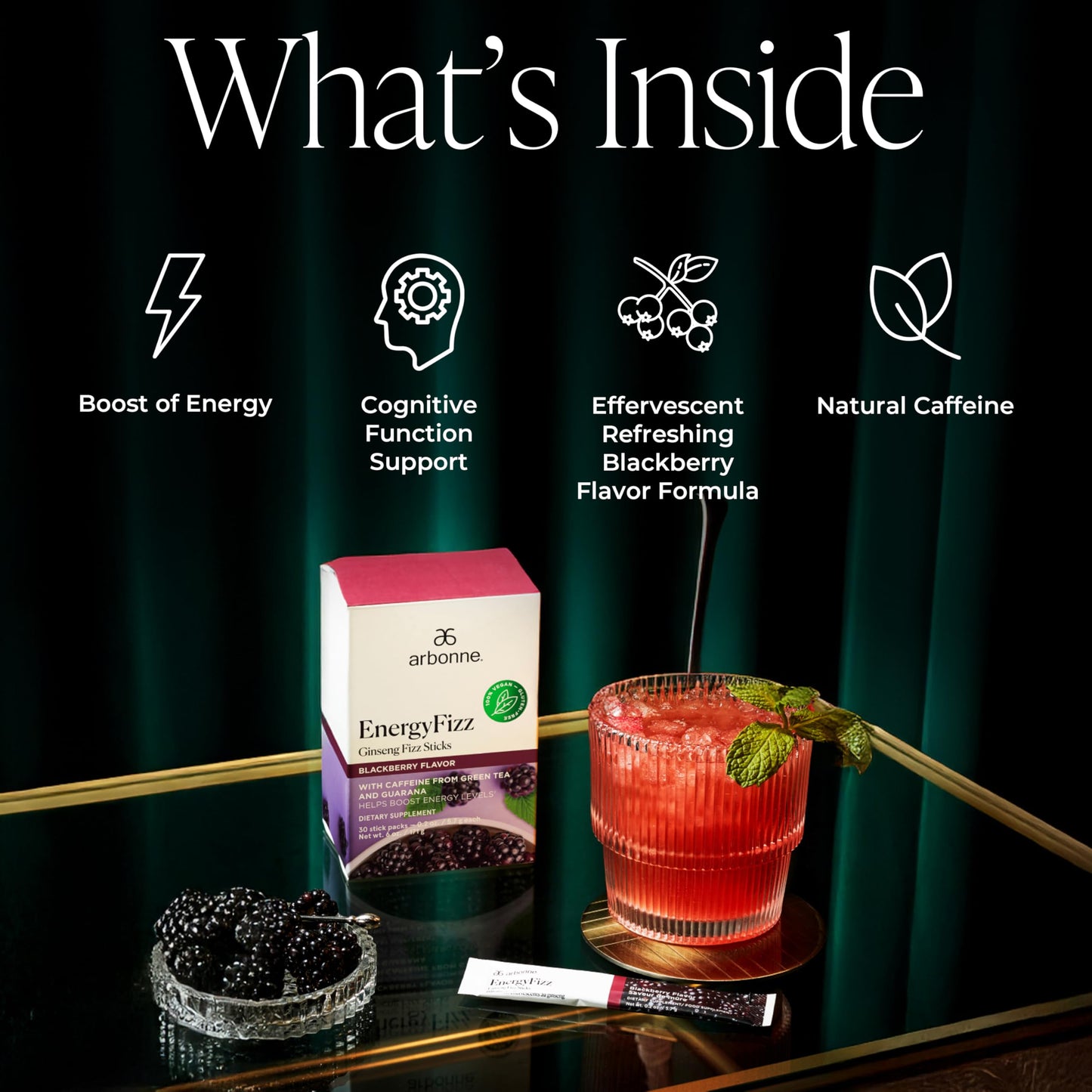 Arbonne Ginseng Energy Supplements - Blackberry Flavor Fizz Sticks, Energy Boost with Caffeine Powder from Guarana and Green Tea, Delicious