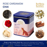 Herbs & Kettles Chai - Rose Cardamom | Assam Black Tea with Rose Petals, Green Cardamom, Ginger, Cinnamon & Cloves | Floral Loose Leaf Blend | Makes