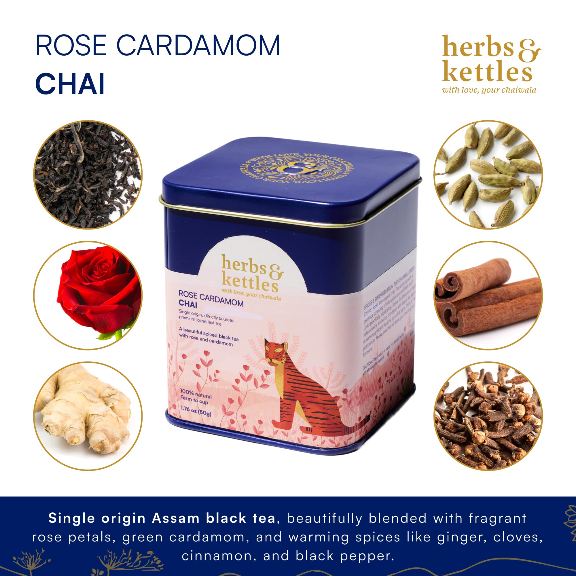 Herbs & Kettles Chai - Rose Cardamom | Assam Black Tea with Rose Petals, Green Cardamom, Ginger, Cinnamon & Cloves | Floral Loose Leaf Blend | Makes