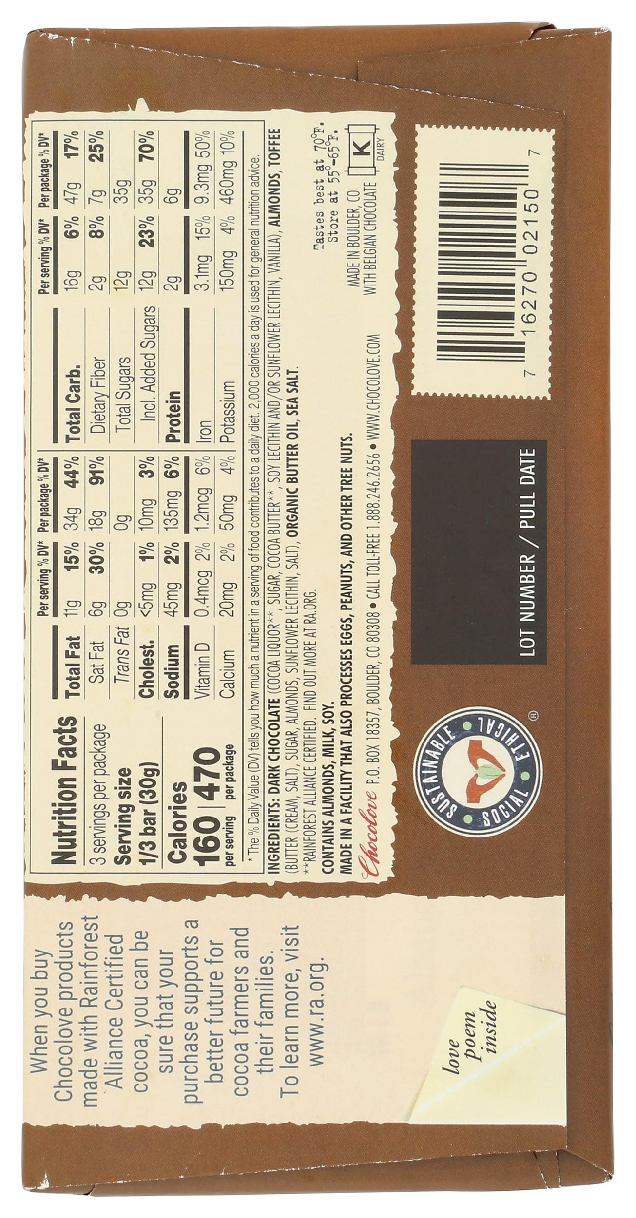 Chocolove Almonds, Toffee & Sea Salt Dark Chocolate Bar, 3.2 OZ