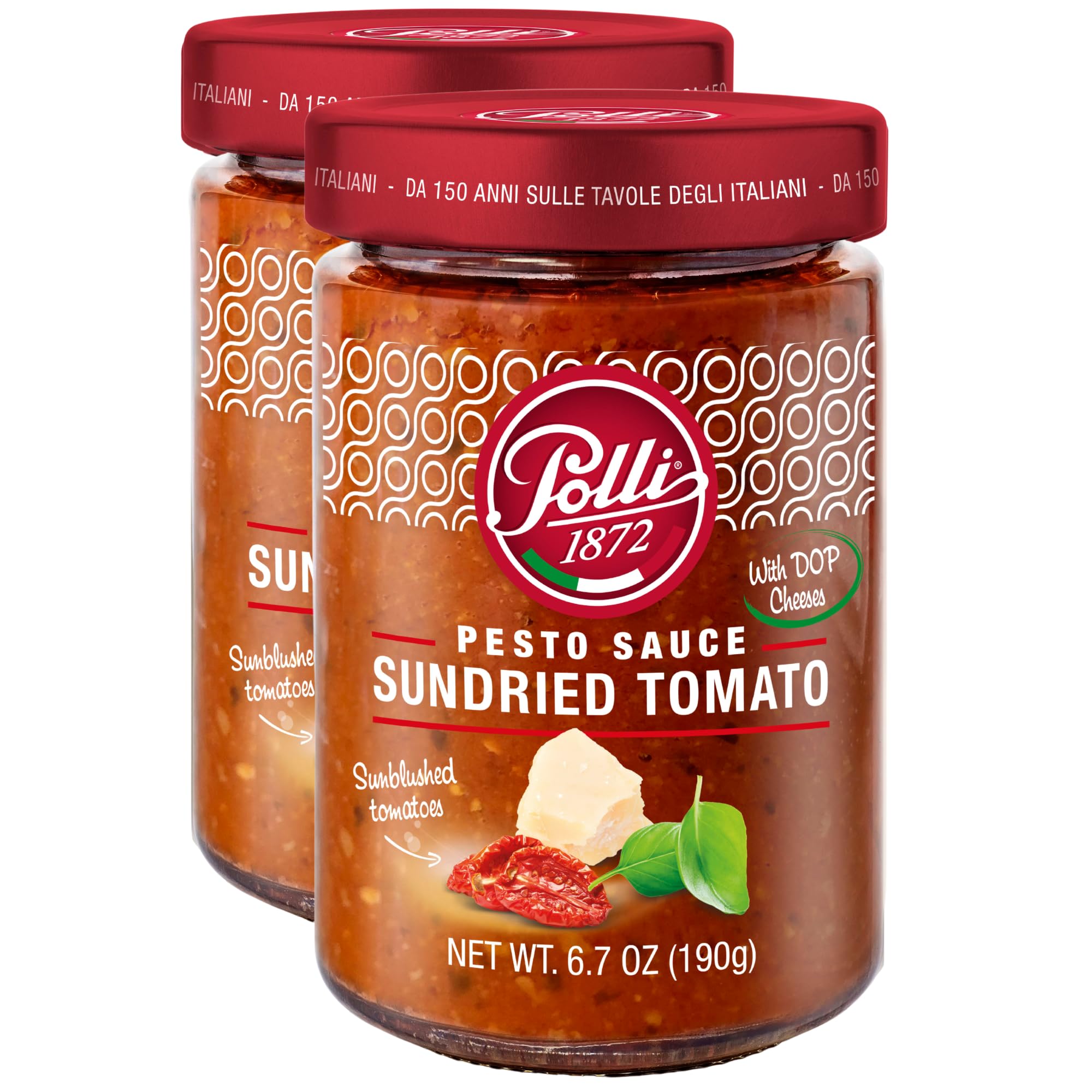 Polli Pesto Sauce Sundried Tomato | With DOP Cheese | Pasta Risotto and Bruschetta Sauce | Made In Italy - 2 Pack (6.7 oz Each)