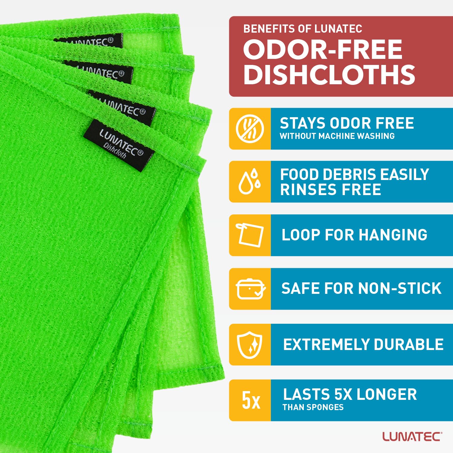 Lunatec® Odor-Free Kitchen Dishcloths. A Scrubber and scouring pad for All Surfaces. Safe for Non-Stick. (6-Pack)