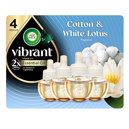 Air Wick Vibrant Plug In Scented Oil Refill, Infused with Essential Oils, Plug In Air Fresheners for Home, Cotton & White Lotus, 4 ct
