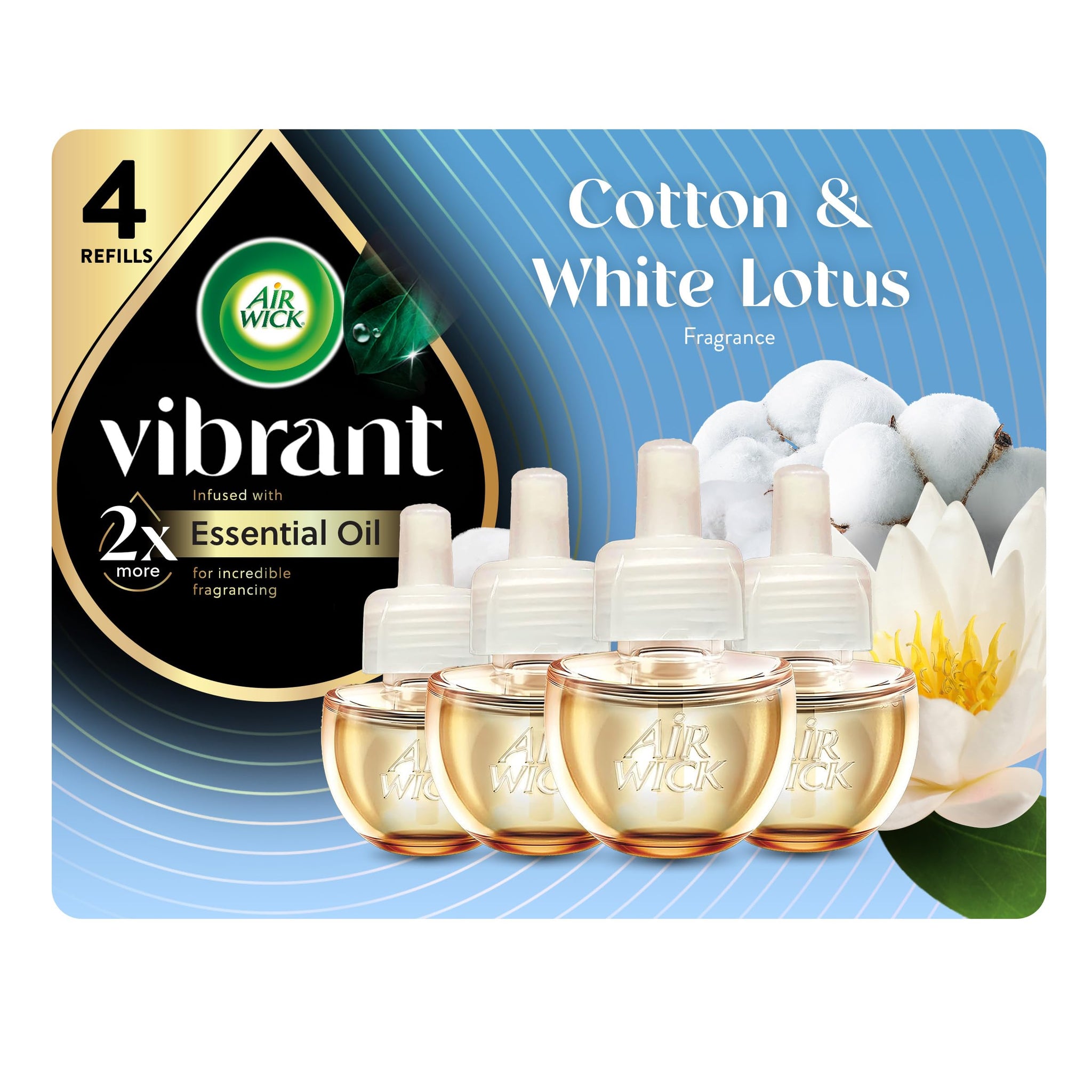 Air Wick Vibrant Plug In Scented Oil Refill, Infused with Essential Oils, Plug In Air Fresheners for Home, Cotton & White Lotus, 4 ct