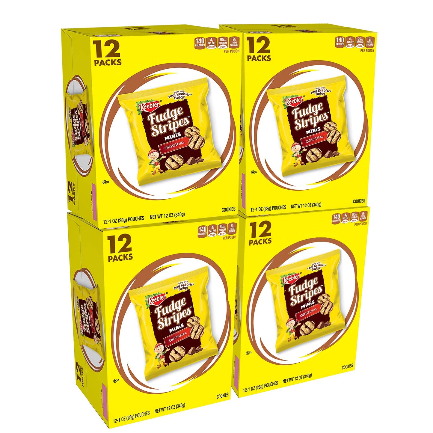 Keebler Fudge Stripes Cookies Minis, Original, 12 Count, Pack of 4