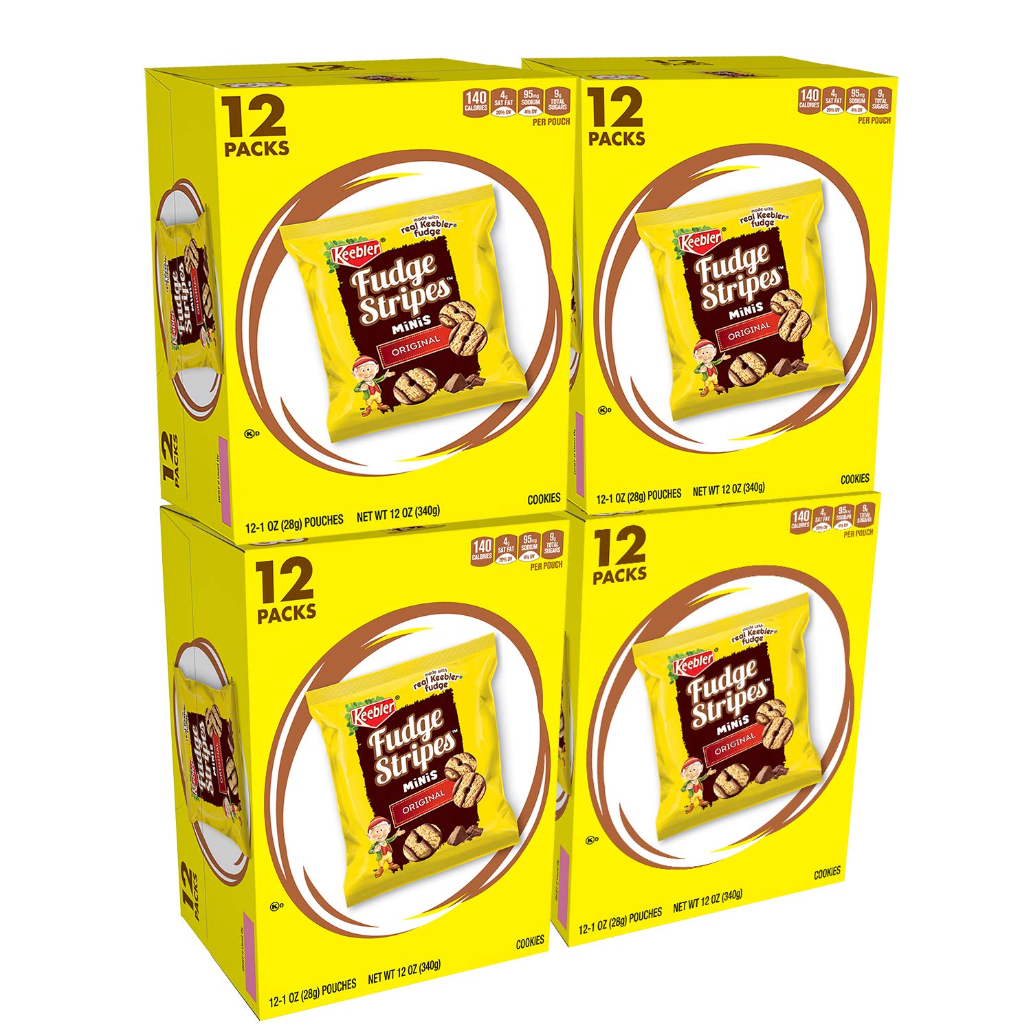Keebler Fudge Stripes Cookies Minis, Original, 12 Count, Pack of 4