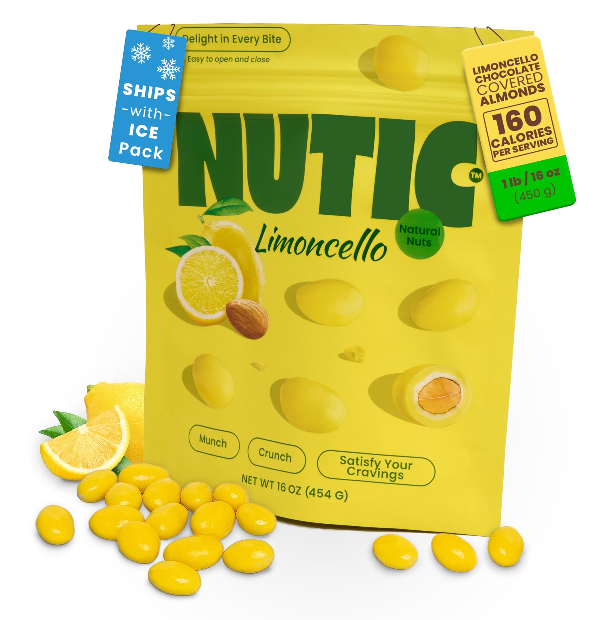 Nutic Lemoncello Chocolate Covered Almonds - 1 Lb. Roasted Almond in White Chocolate & Lemon Creme Candy. Citrus Bliss Flavors for Perfect Snacks