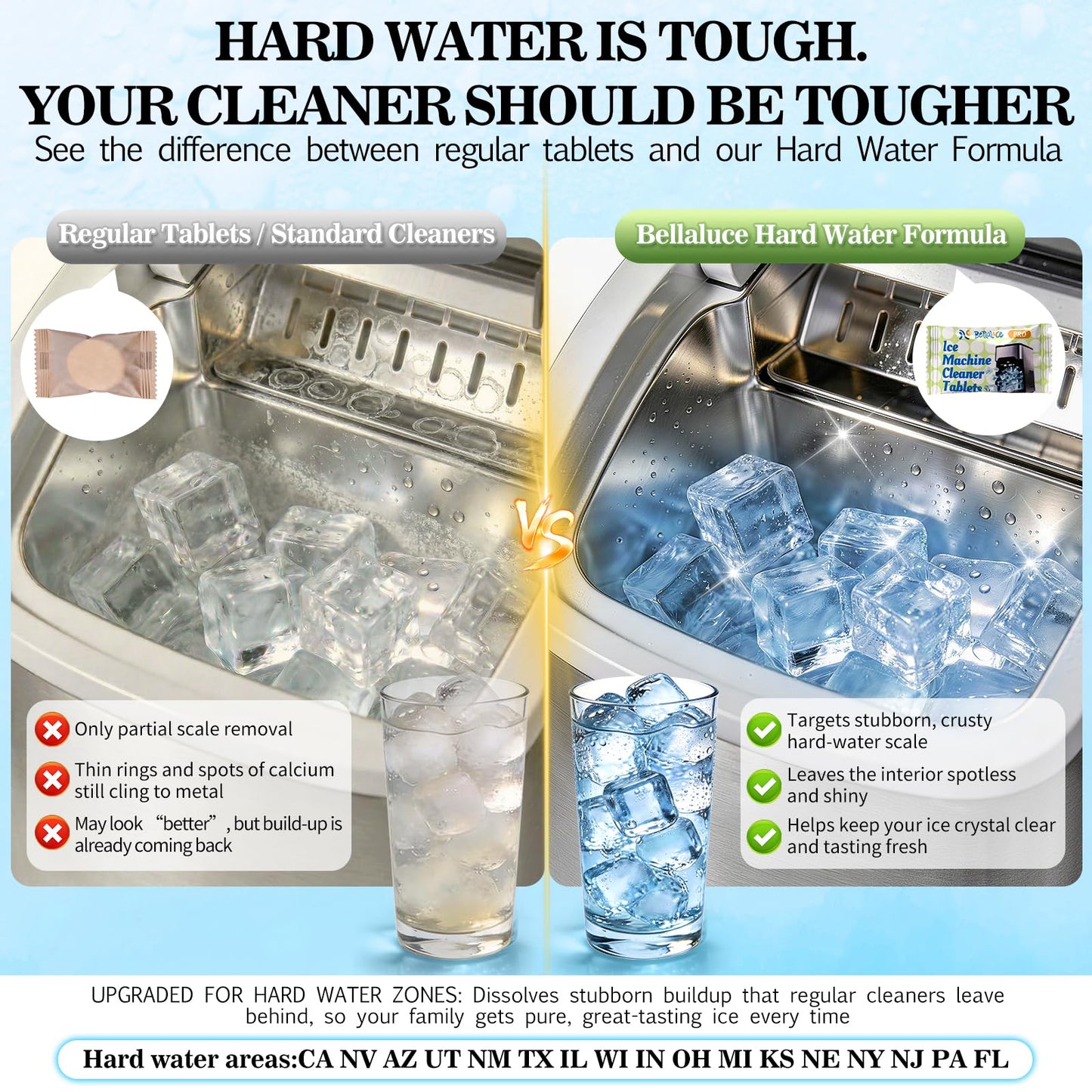 Bellaluce Ice Machine Cleaner Tablets, 32 Effervescent Descaling Tabs, Nickel Safe Cleaner for Countertop, Nugget, Portable & Commercial Ice Makers