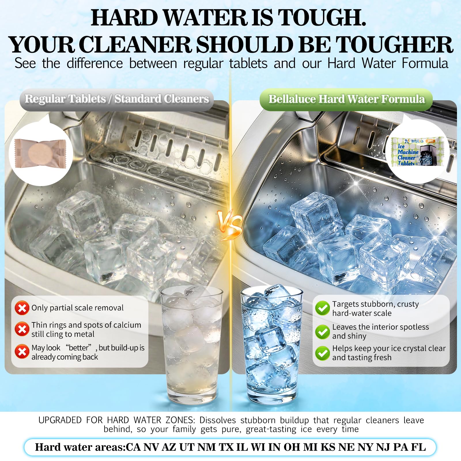 Bellaluce Ice Machine Cleaner Tablets, 32 Effervescent Descaling Tabs, Nickel Safe Cleaner for Countertop, Nugget, Portable & Commercial Ice Makers