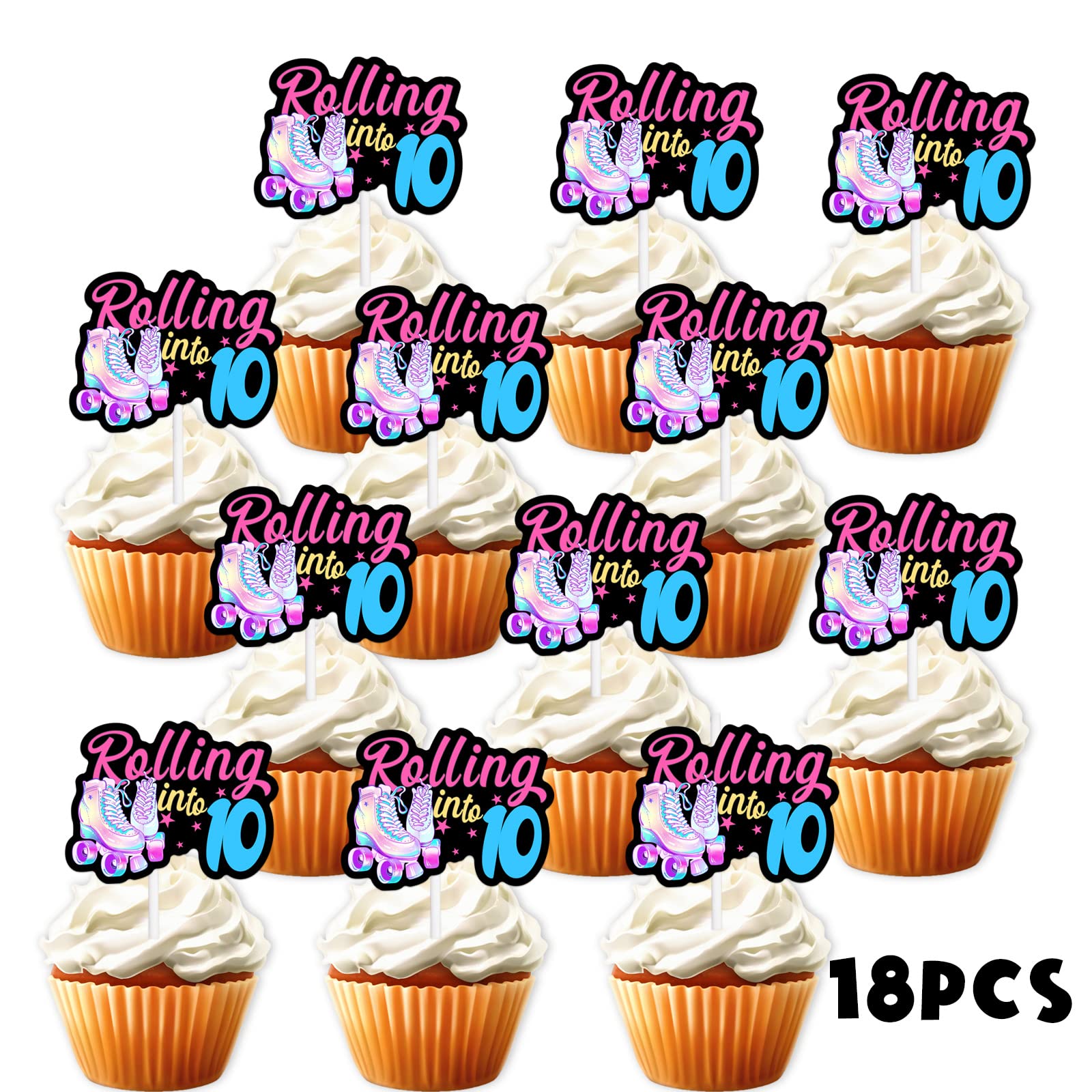 18pcs Black Glitter Pink Roller Skates Dessert Cupcake Topper 80s 90s Retro Hip Hop Roller Skating Rolling into 10 Theme Decor Supplies Boy Girl 10th