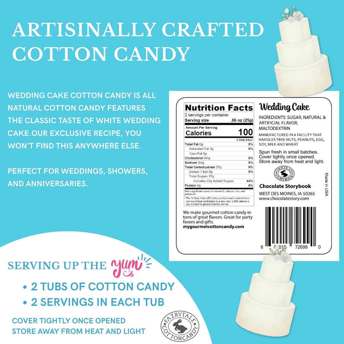 CHOCOLATE STORYBOOK Gourmet Flavored Cotton Candy - Unique Idea for Holidays, Birthdays, Gag Gifts, Party Favors (Wedding Cake, 1.75 oz, 2-Pack)