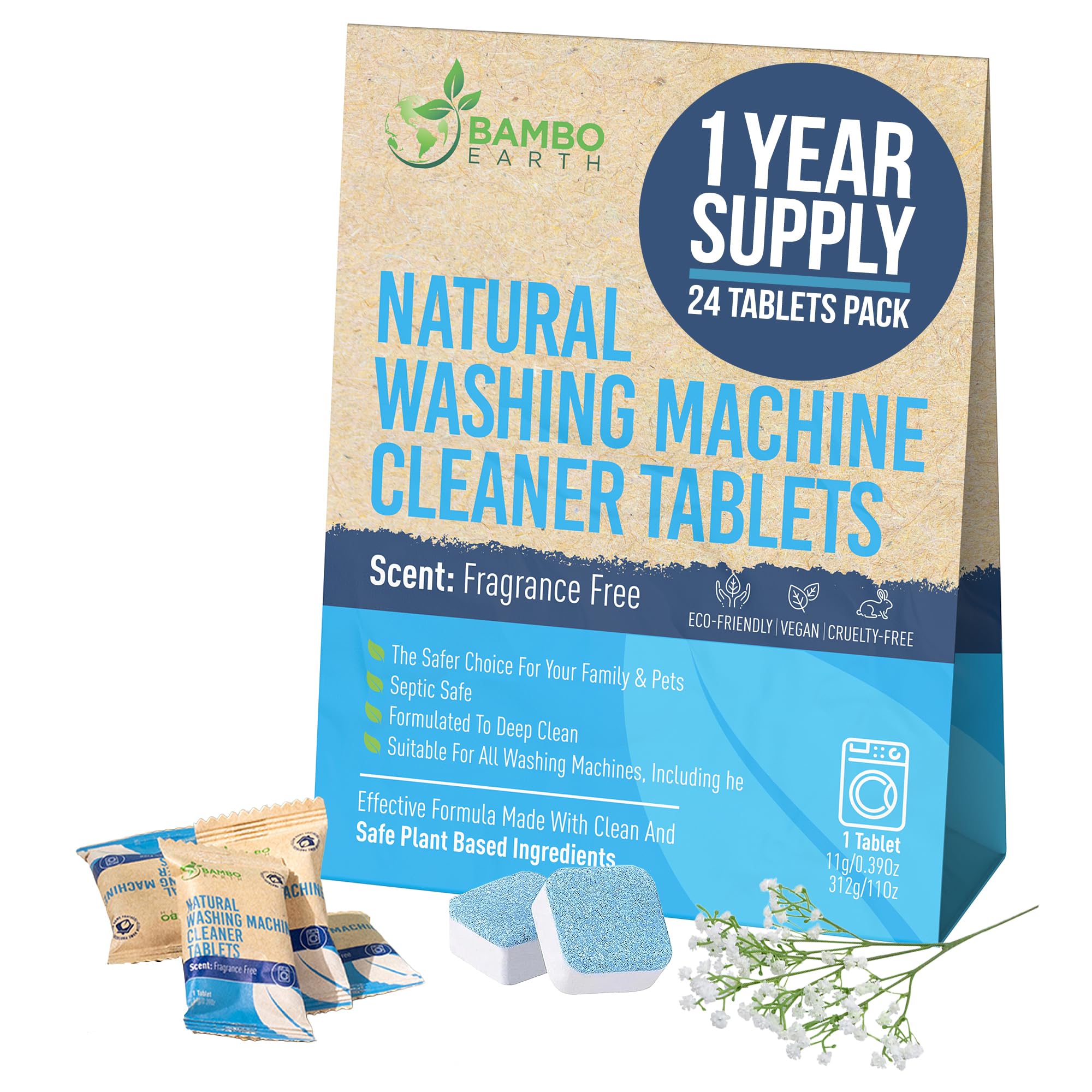 Natural Heavy Duty Washing Machine Cleaner Tablets - Plant Based & Eco Friendly Alternative Refill Laundry Tub Cleaning Tabs For Top Load or Front