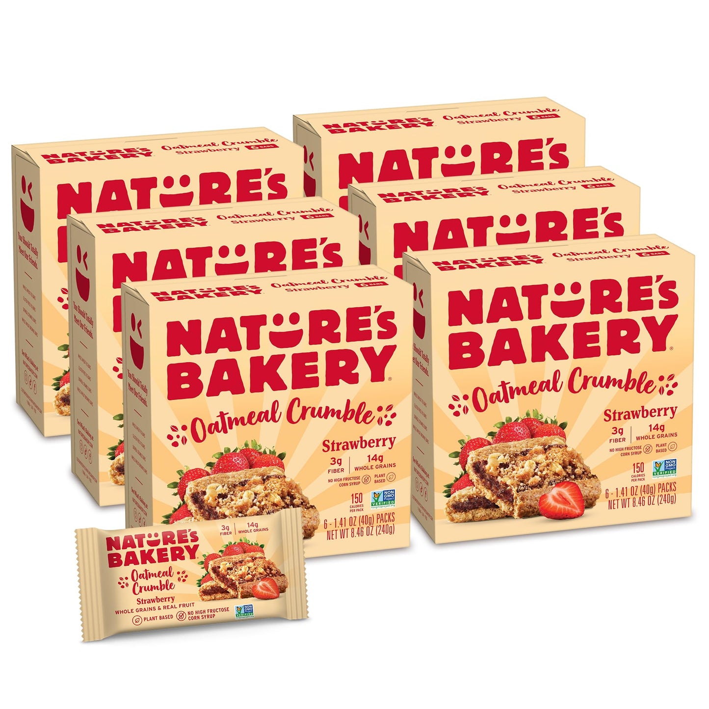Nature’s Bakery Oatmeal Crumble Bars, Strawberry, Real Fruit, Vegan, Non-GMO, Breakfast bar, 6 Boxes With 6 Packs, 36 Count