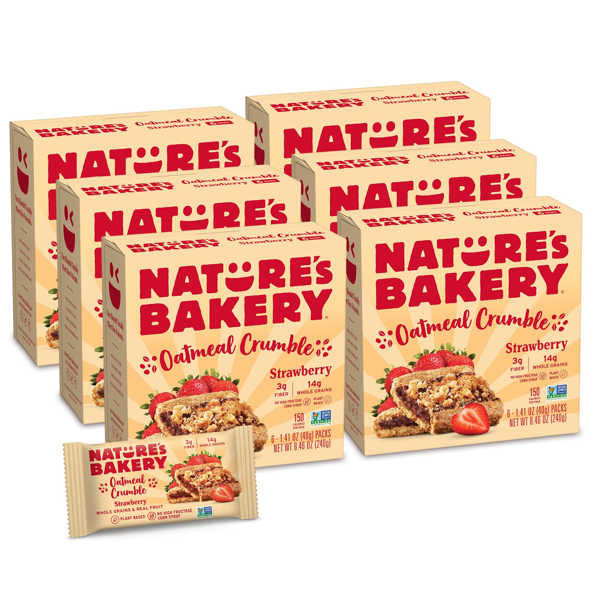 Nature’s Bakery Oatmeal Crumble Bars, Strawberry, Real Fruit, Vegan, Non-GMO, Breakfast bar, 6 Boxes With 6 Packs, 36 Count