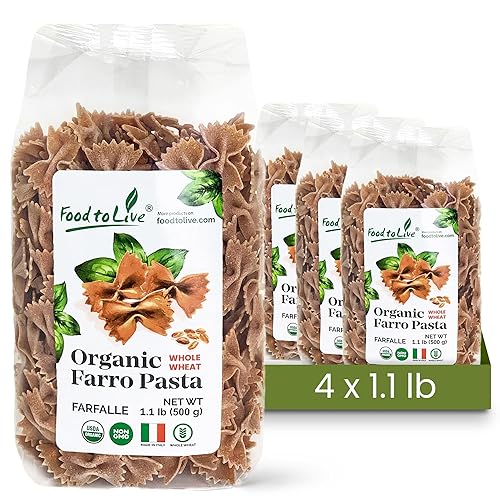 Food to Live - Organic Farro Farfalle Pasta, 1.1 lb (Pack of 4) - Italian Whole Wheat and Non-GMO Bow-tie Pasta, Single Ingredient, No Additives