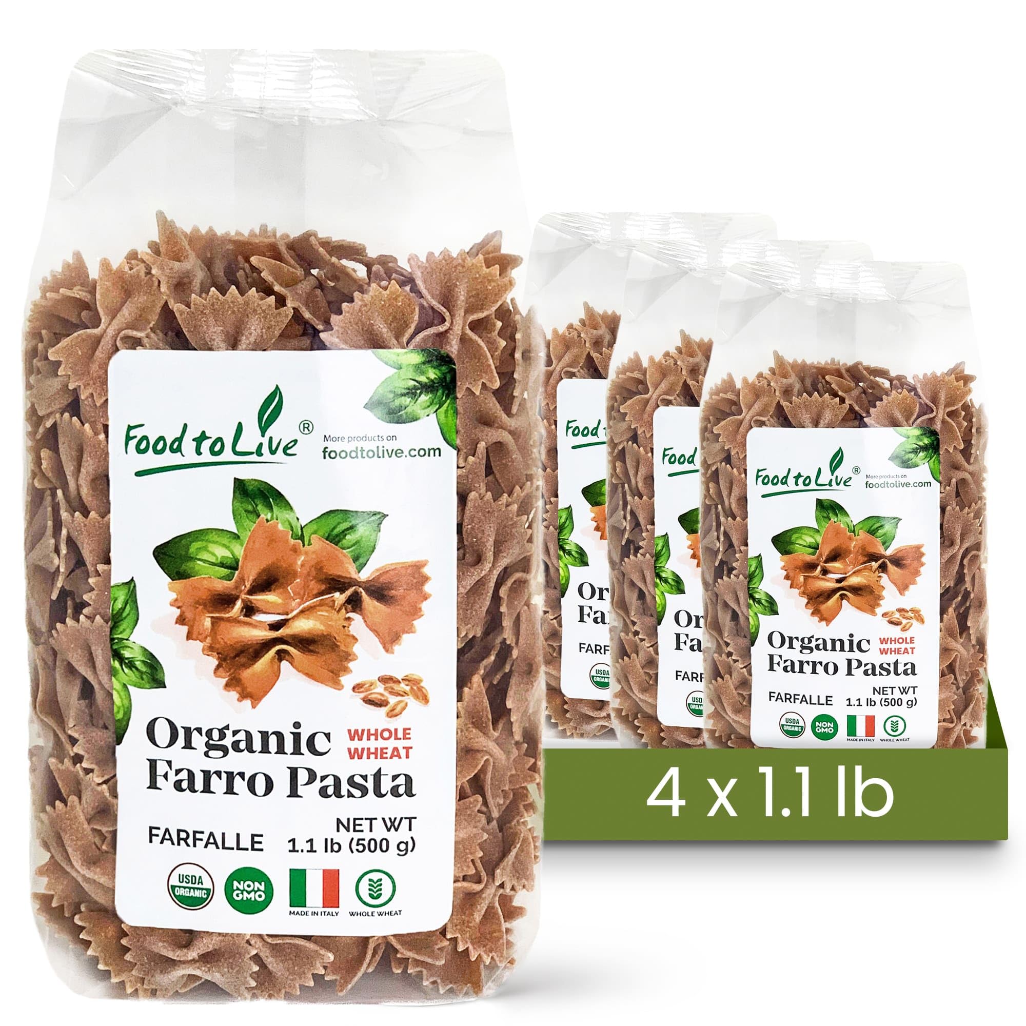 Food to Live - Organic Farro Farfalle Pasta, 1.1 lb (Pack of 4) - Italian Whole Wheat and Non-GMO Bow-tie Pasta, Single Ingredient, No Additives