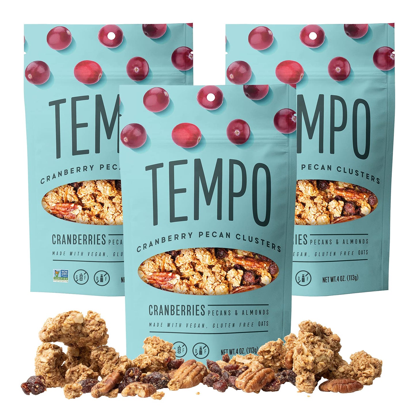 TEMPO GRANOLA Cranberry Pecan Almond Granola Clusters (3 Pack) Gluten Free Organic Oats, High Protein, Low Sugar, Vegan, Dairy Free, Soy Free