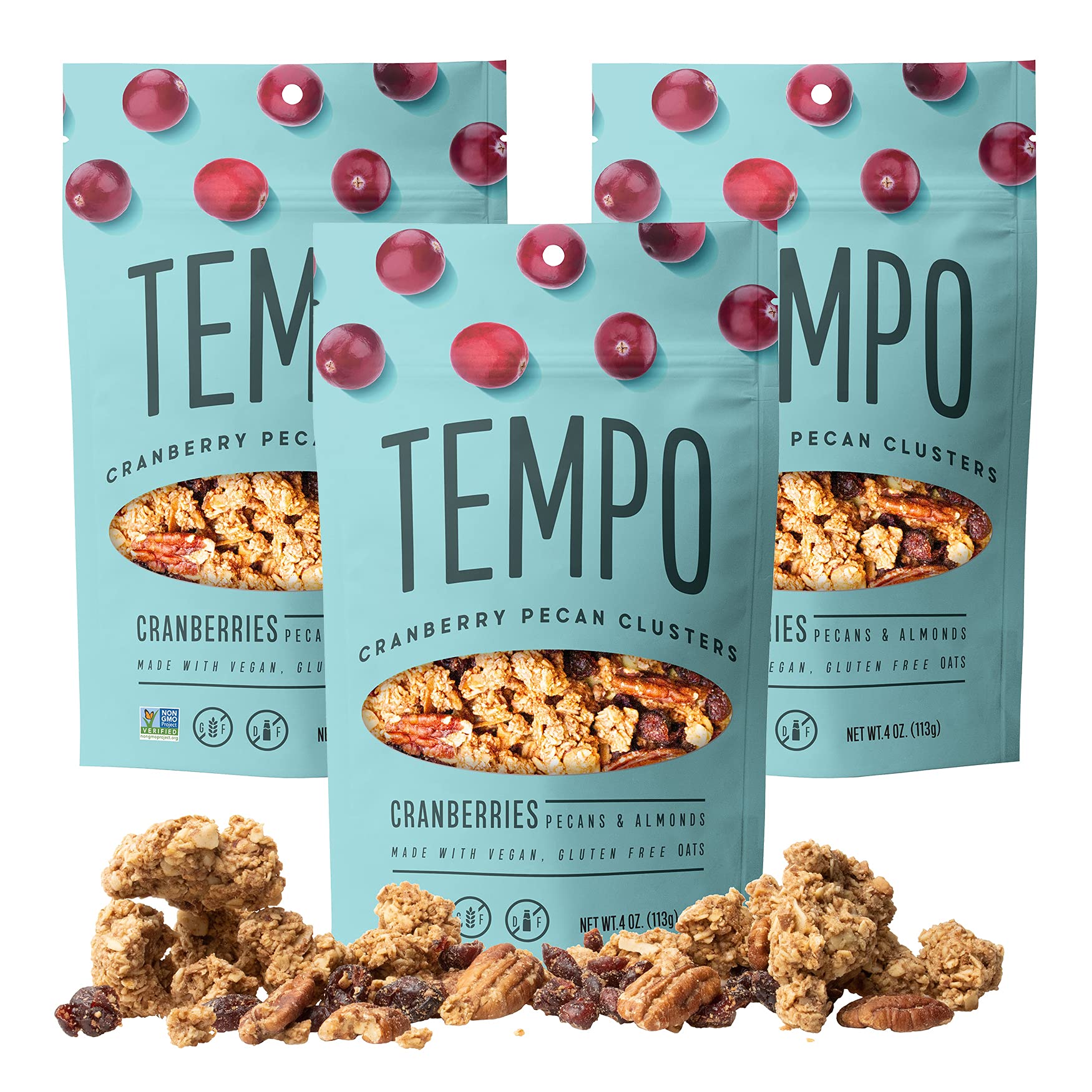 TEMPO GRANOLA Cranberry Pecan Almond Granola Clusters (3 Pack) Gluten Free Organic Oats, High Protein, Low Sugar, Vegan, Dairy Free, Soy Free