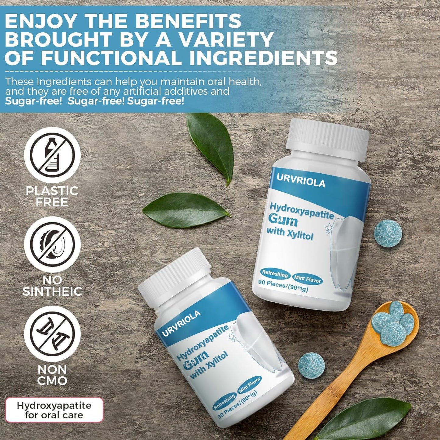 Remineralizing Gum with Nano-Hydroxyapatite & Xylitol, 90 Pieces, Good for Teeth Remineralization, Sugar-Free Mint Chewing Gum with Xylitol, Two pills
