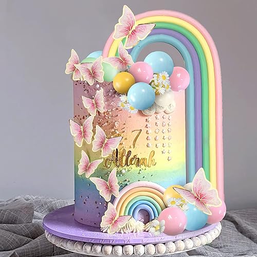 25PCS Rainbow Cake Topper Balls Cake Decorations Boho Cake Topper with Macaron Balls Artificial Flowers and Butterflies for Birthday Themed Supplies