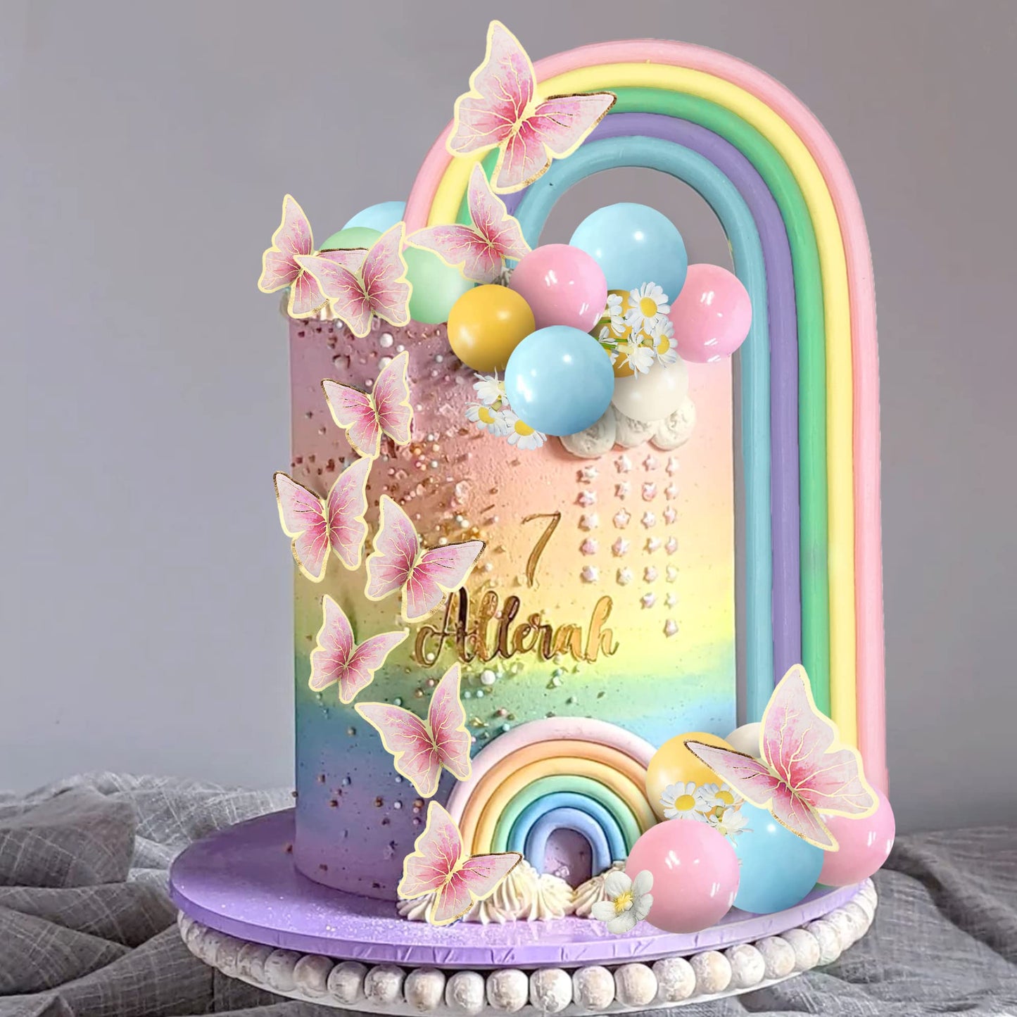 25PCS Rainbow Cake Topper Balls Cake Decorations Boho Cake Topper with Macaron Balls Artificial Flowers and Butterflies for Birthday Themed Supplies