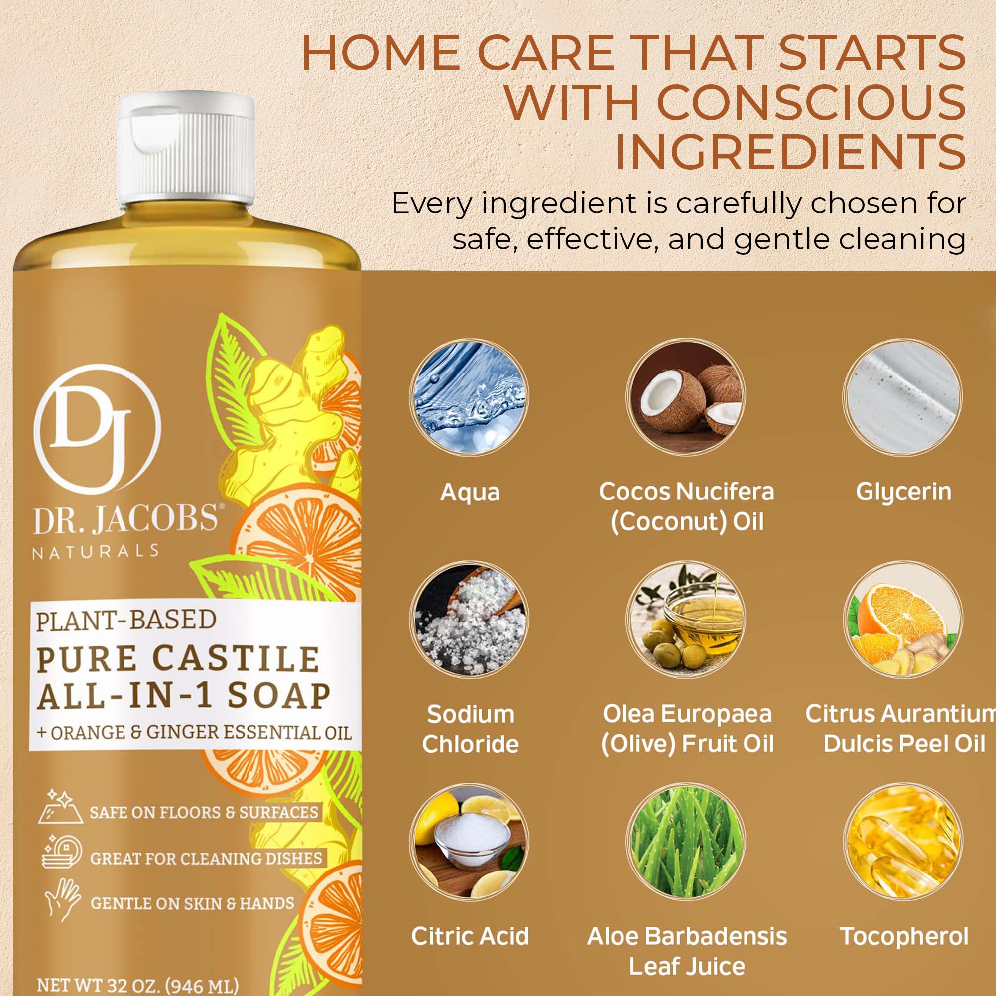 Dr. Jacobs Naturals Orange & Ginger Castile All-In-One Cleaner and Soap - Plant-Based Formula for House Cleaning Floors and Appliances - Gentle on