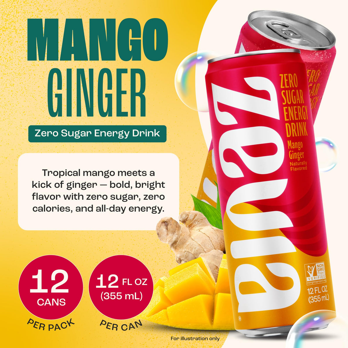 Zevia Zero Sugar Energy Drink, Mango Ginger, 12 oz Cans (12-Pack) - Naturally Sweetened, Zero Calorie Sugar Free Energy - Non-GMO Project Verified