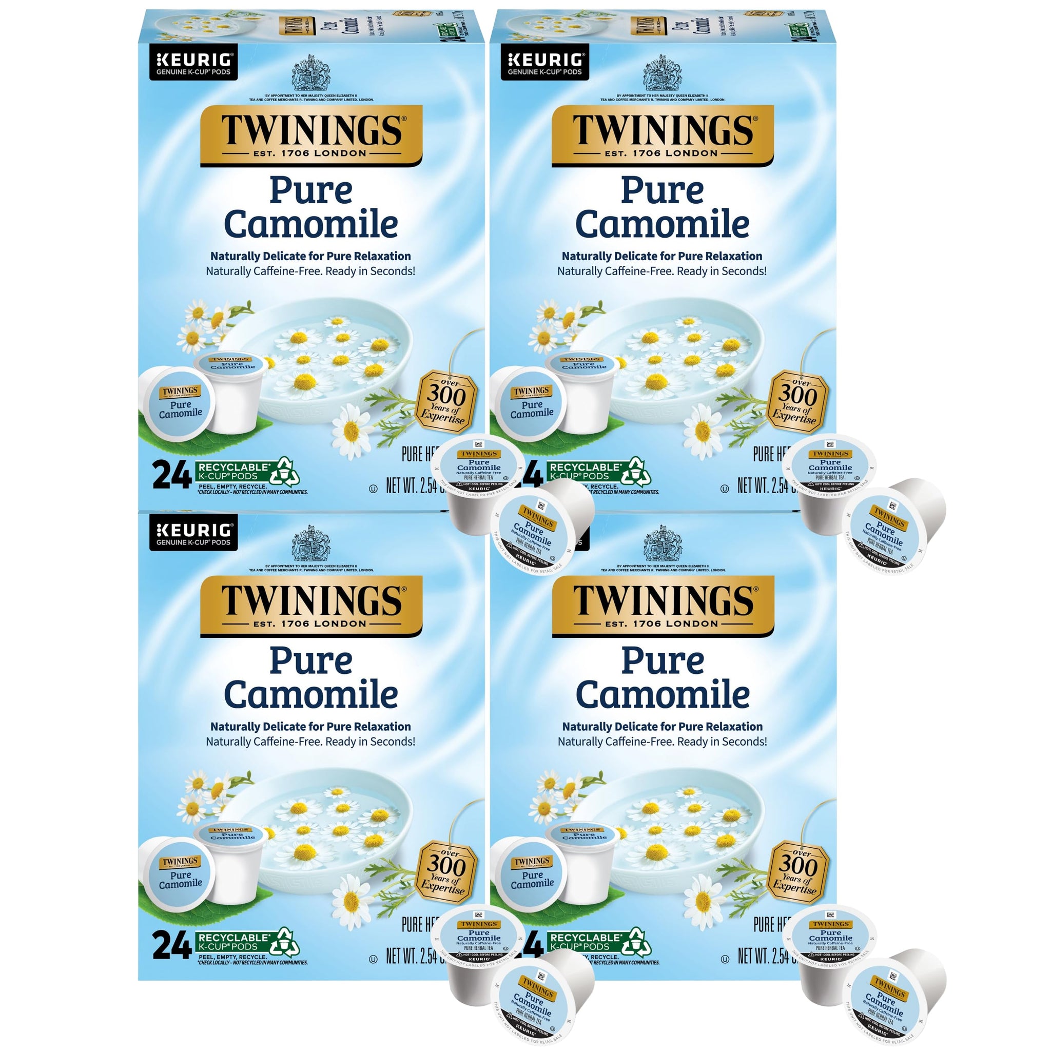 Twinings Pure Camomile Herbal Tea K-Cup Pods for Keurig, Naturally Caffeine-Free, Made with Pure Camomile Blossoms, 24 Count (Pack of 4), Enjoy Hot or