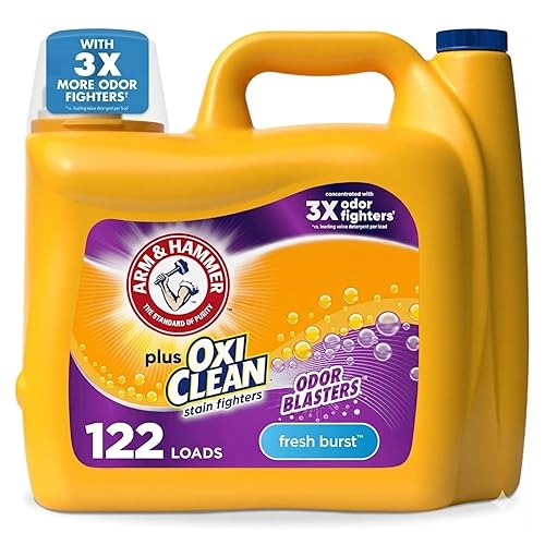 ARM & HAMMER Plus OxiClean with Odor Blasters Liquid Laundry Detergent, Laundry Odor Remover, Attacks Stains, Fresh Burst Scent, 122 Loads, 158.6 Fl