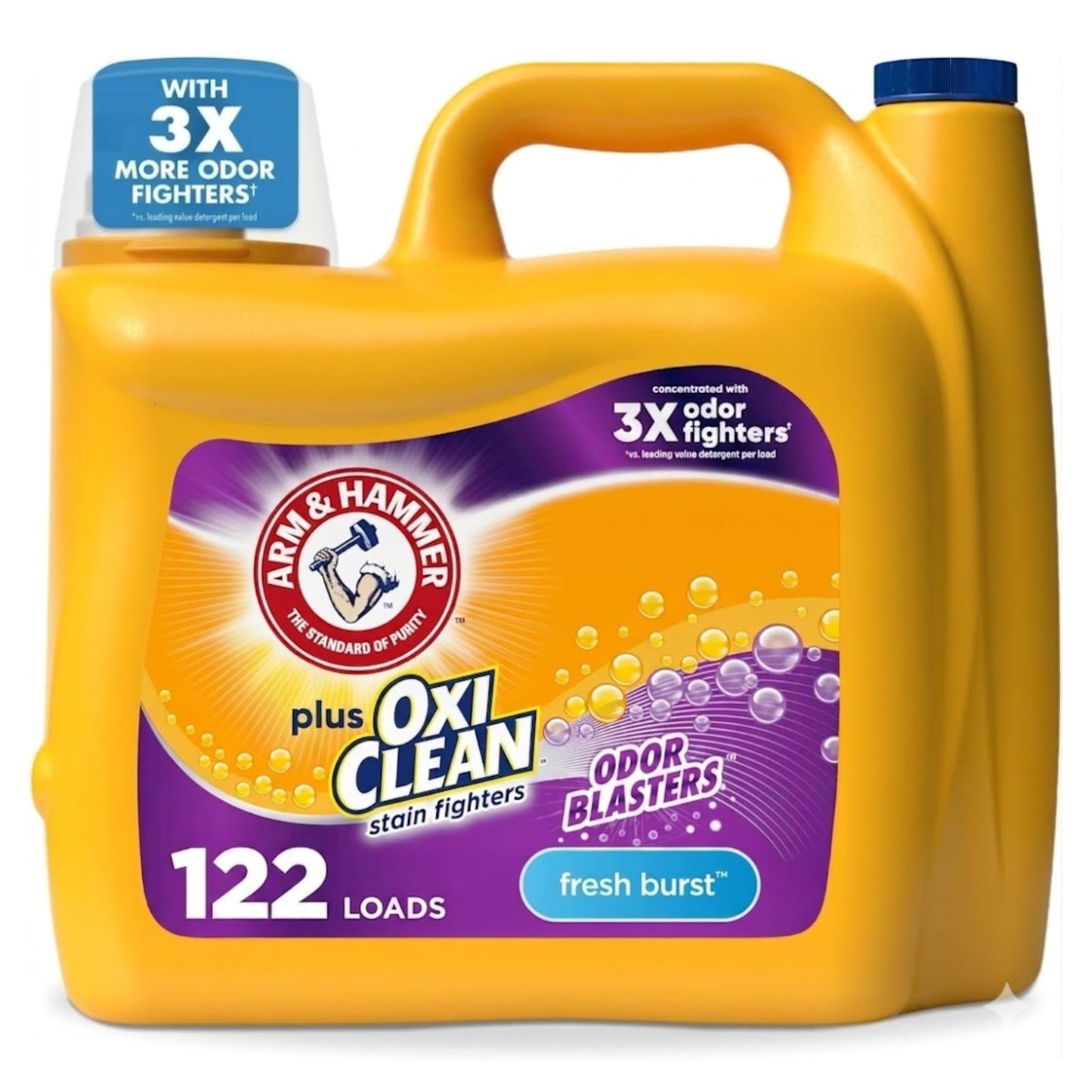 ARM & HAMMER Plus OxiClean with Odor Blasters Liquid Laundry Detergent, Laundry Odor Remover, Attacks Stains, Fresh Burst Scent, 122 Loads, 158.6 Fl