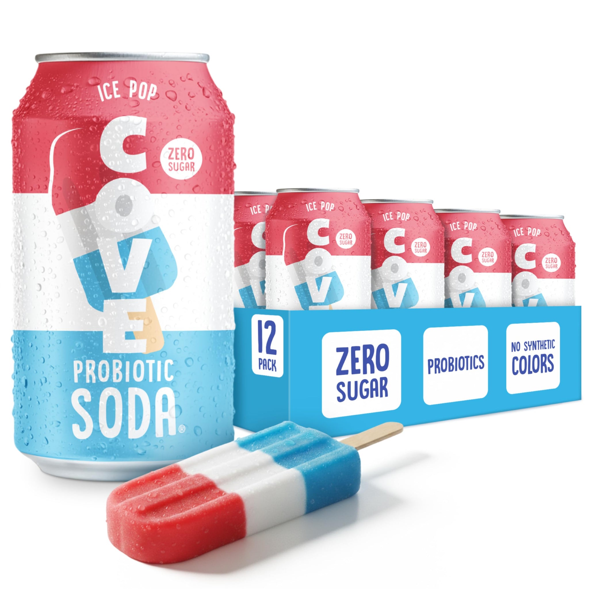 Cove Probiotic Soda, Zero Sugar Better-For-You Alternative - Refreshing, Delicious Probiotic Drink, No Synthetic Colors & Caffeine Free - Ice Pop, 12