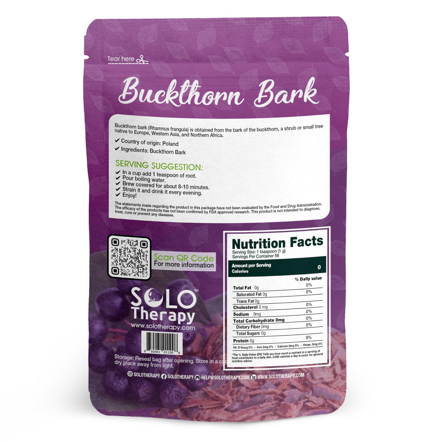 Buckthorn Bark Herbal Tea - 56 grams - Frangula Alnus Resealable Bag - 56 grams - Premium Quality (Buckthorn Bark)