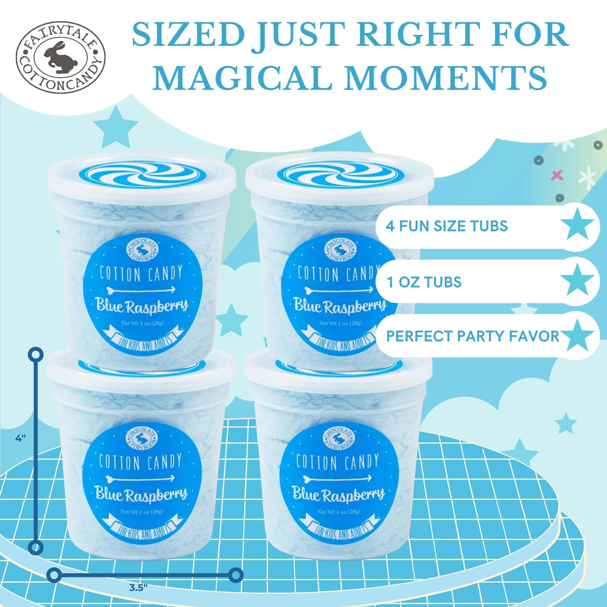 CHOCOLATE STORYBOOK Cotton Candy Party Pack - Unique Idea for Holidays, Birthdays, Gag Gifts, Favors (Blue Raspberry, 1 oz each, 4-Pack)