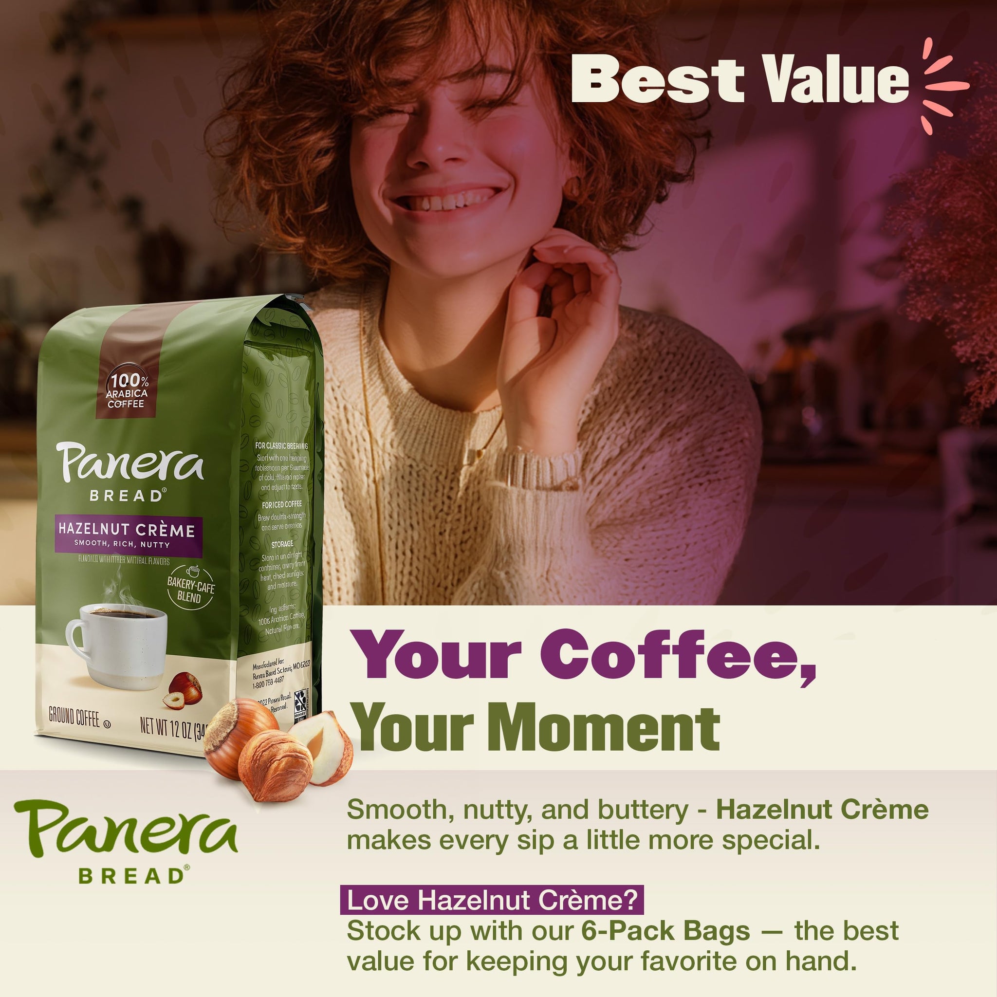 Panera Hazelnut Crème Ground Coffee - Light Roast 100% Arabica for Smooth Morning Brewing - Restaurant-Quality Flavored Coffee, Kosher Certified, 12oz