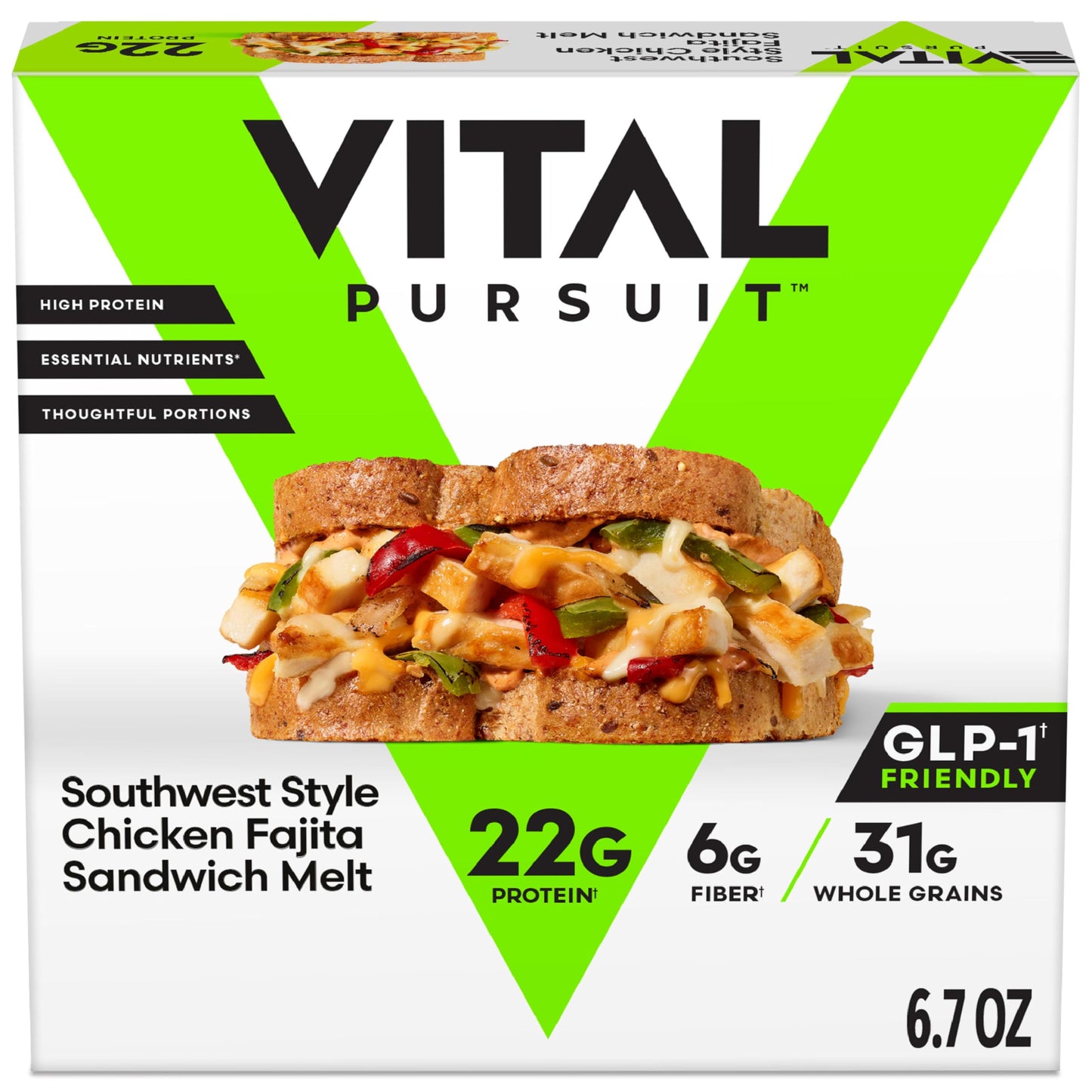 Vital Pursuit Southwest Style Chicken Fajita Sandwich Melt, High Protein Glp-1 Frozen Meal