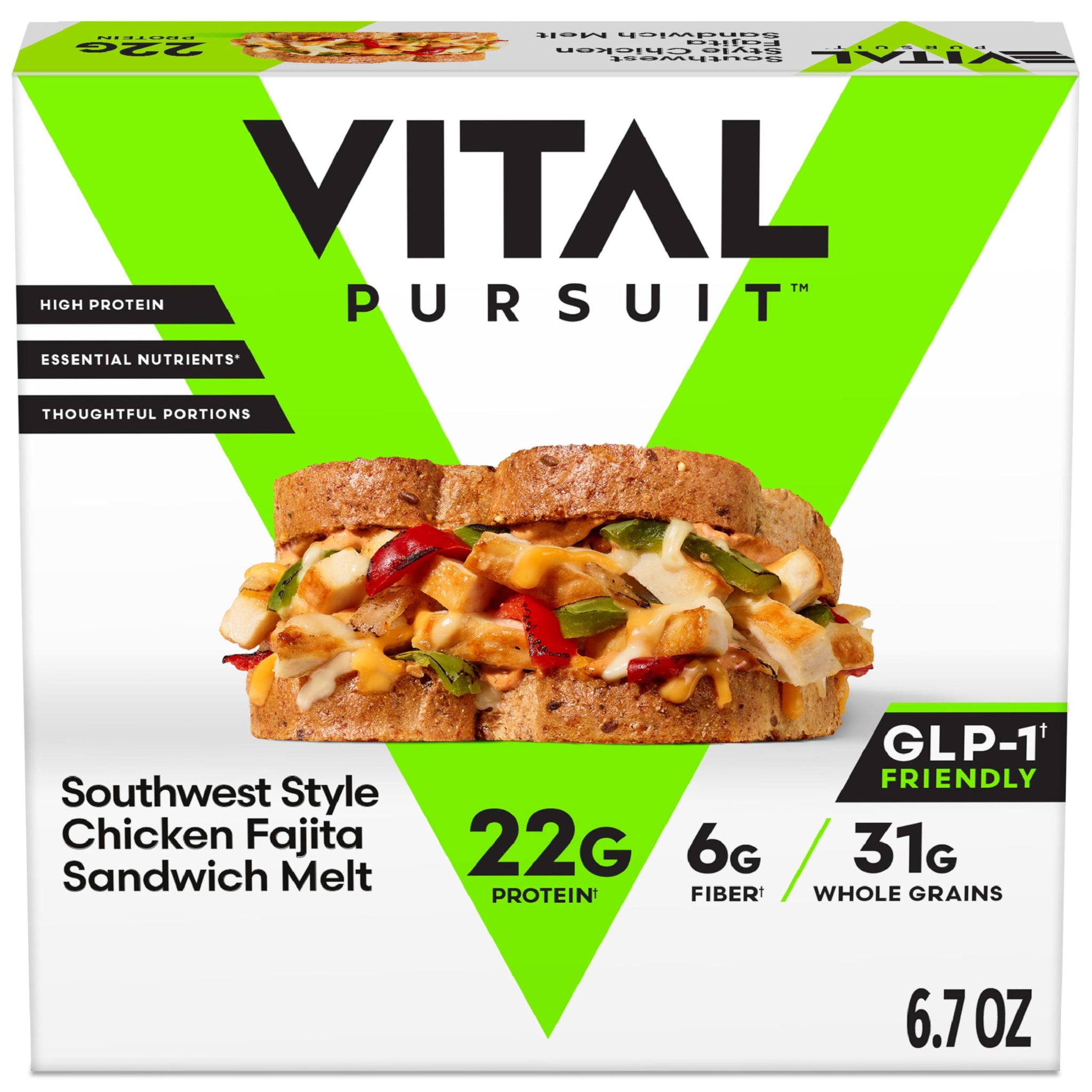 Vital Pursuit Southwest Style Chicken Fajita Sandwich Melt, High Protein Glp-1 Frozen Meal