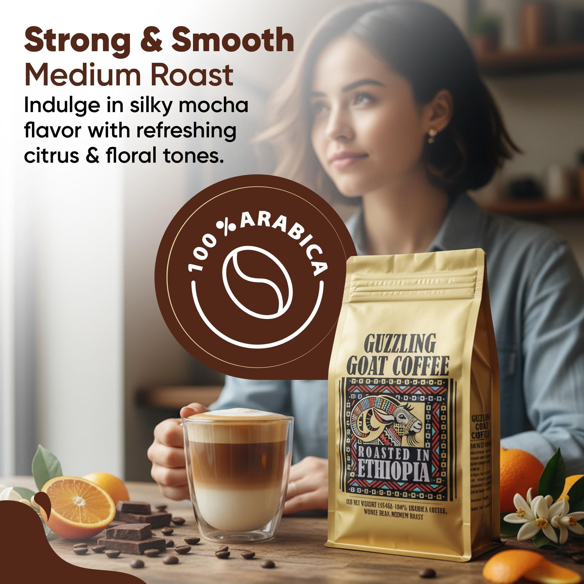 Guzzling Goat Ethiopian Coffee Beans | Premium 100% Arabica Whole Bean Coffee Medium Roast | Strong Flavorful Brew | Sourced & Roasted in Ethiopia | 1