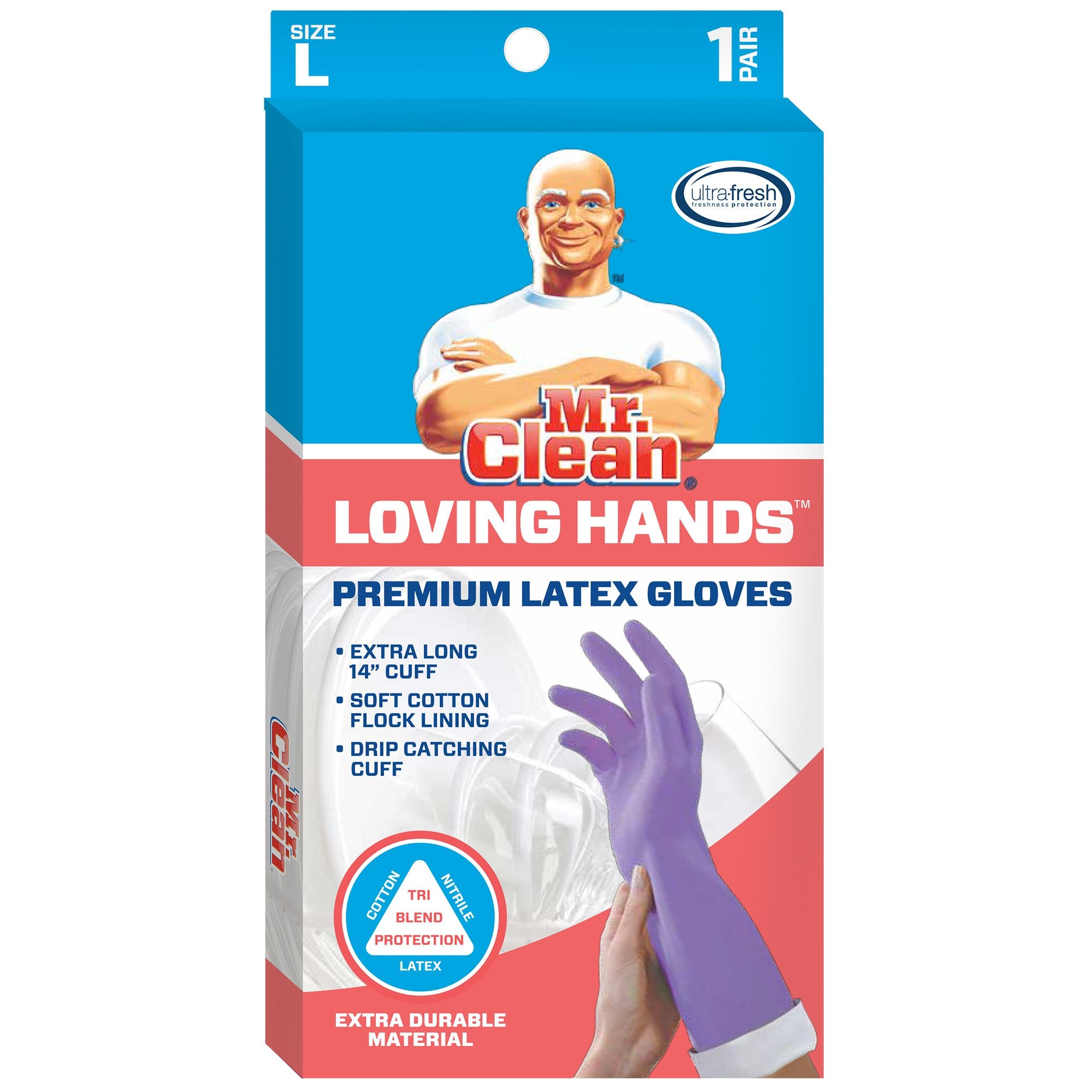 Mr. Clean, 243312 Loving Hands, Large Heat Resisting, Soft Cotton Flock Lining, Built in Freshness Protection, Non-Slip Diamond Grip Gloves, (L)