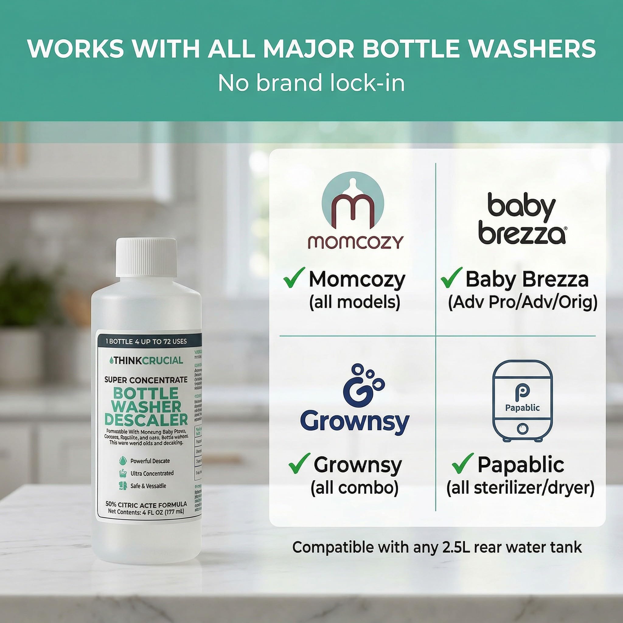 Think Crucial Super Concentrate Bottle Washer Descaler - 72 Uses - 50% Citric Acid Formula - Liquid Baby Bottle Washer Cleaner - Compatible