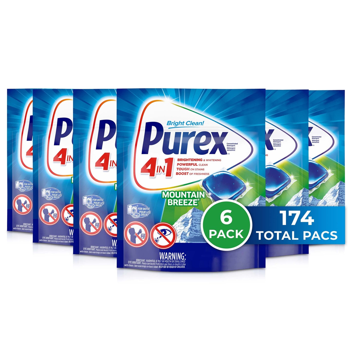 Purex 4-in-1 Laundry Detergent Pacs, Mountain Breeze, 29 Count (Pack of 6), 174 Total Loads