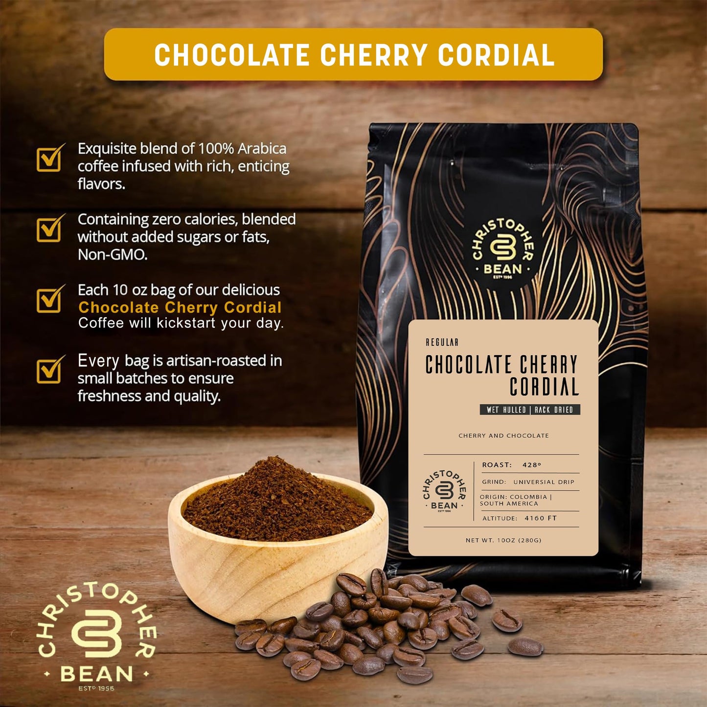 Christopher Bean Coffee - Certified Kosher - Regular Ground Universal Drip Chocolate Cherry Cordial Flavored Coffee| Coffee Beans with Medium Roast