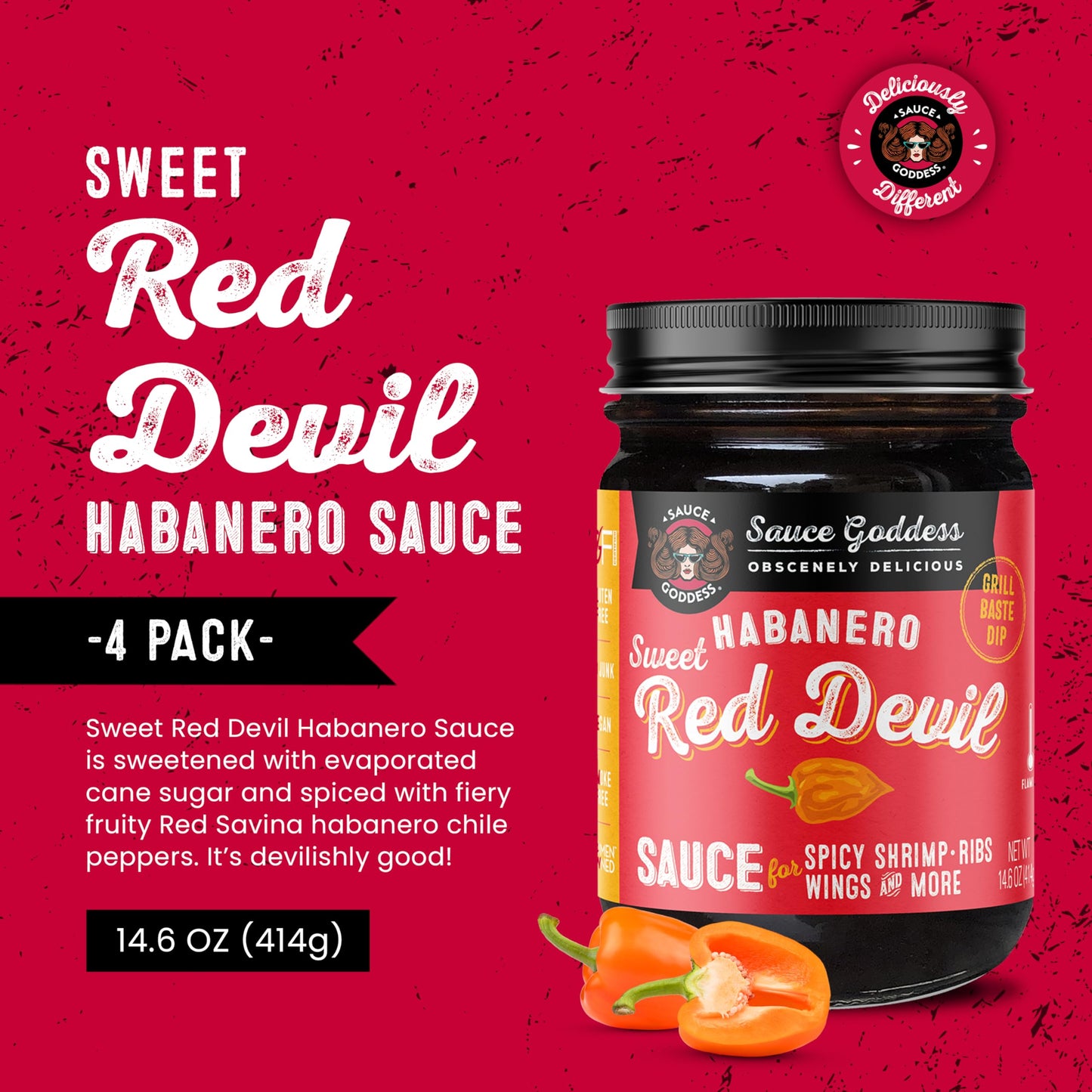 Sauce Goddess (Sweet Red Devil Habanero Sauce) BBQ Sauce - 14.6 oz (Pack of 4)
