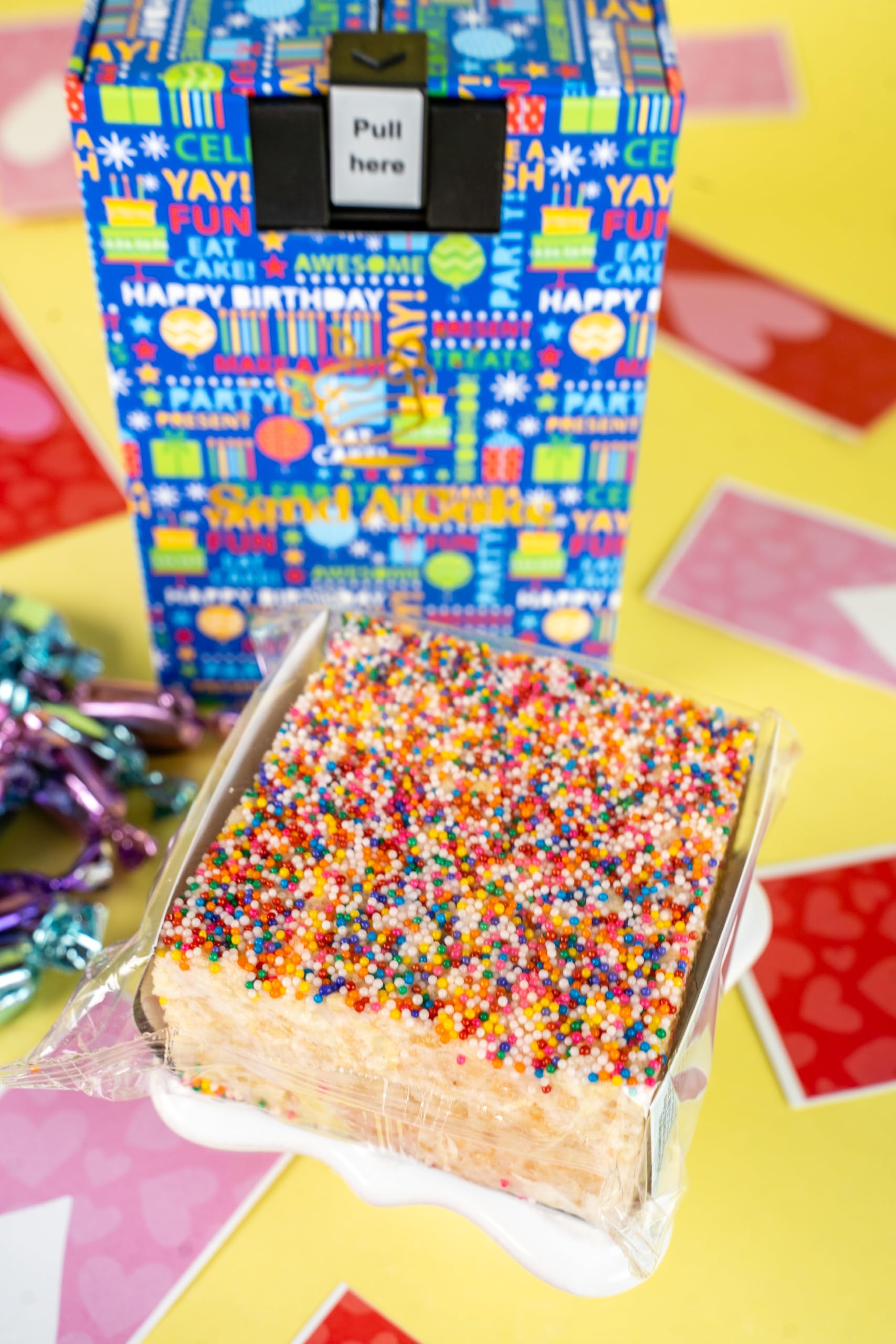 Birthday Love Shower Gift Box by Send A Cake - Ready-to-Gift Music Box with Sweet Caramels & 3" Rainbow Sprinkle Dots Crispy Cake - No Assembly